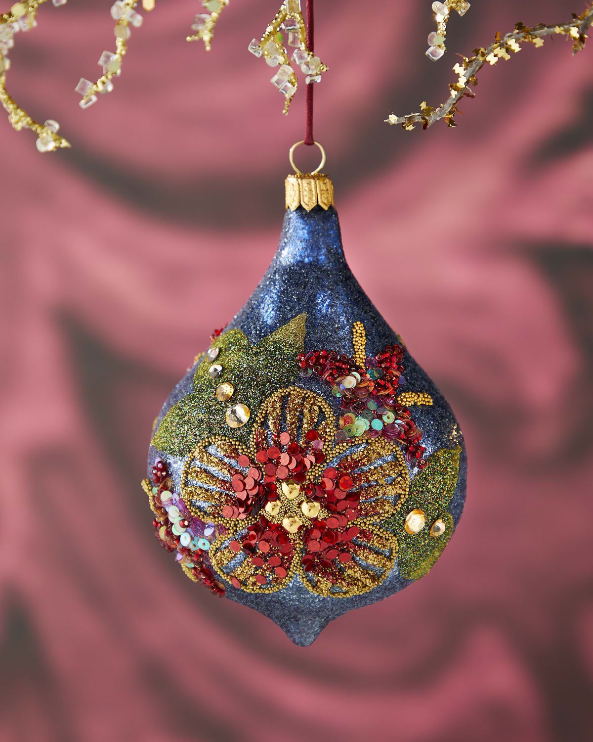 Gold Ball With Beaded Flower Christmas Ornament | Neiman Marcus