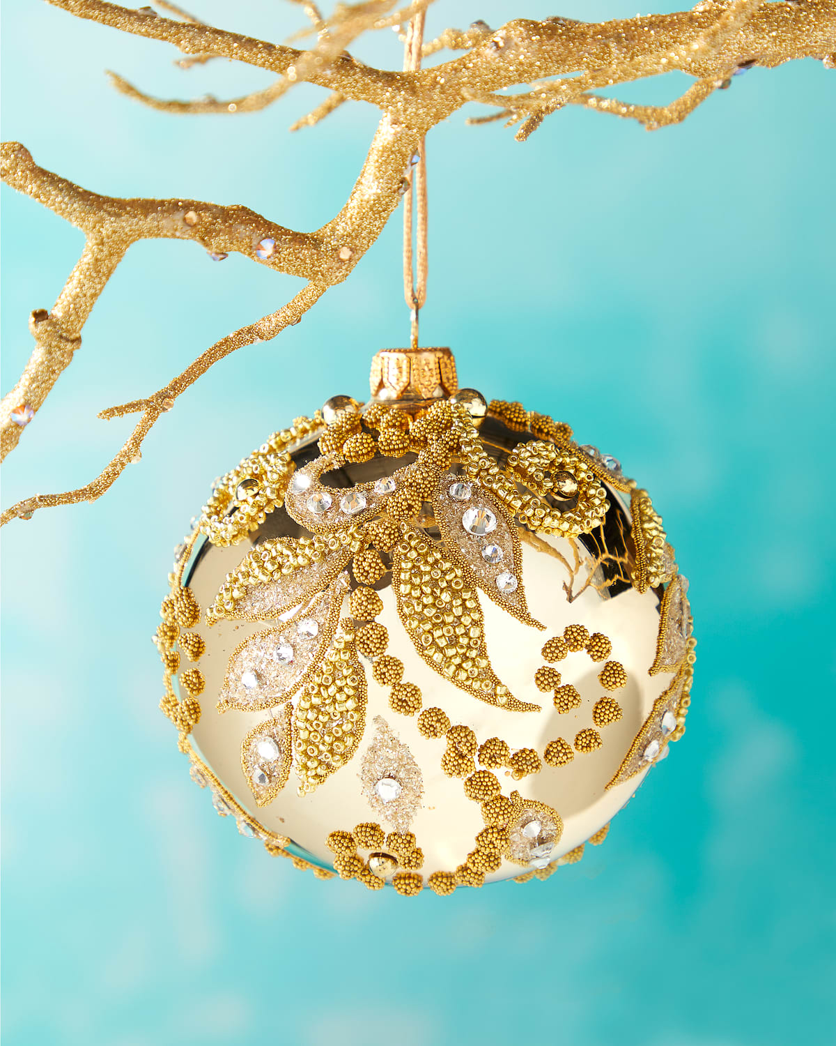 Gold Ball With Beaded Flower Christmas Ornament Neiman Marcus