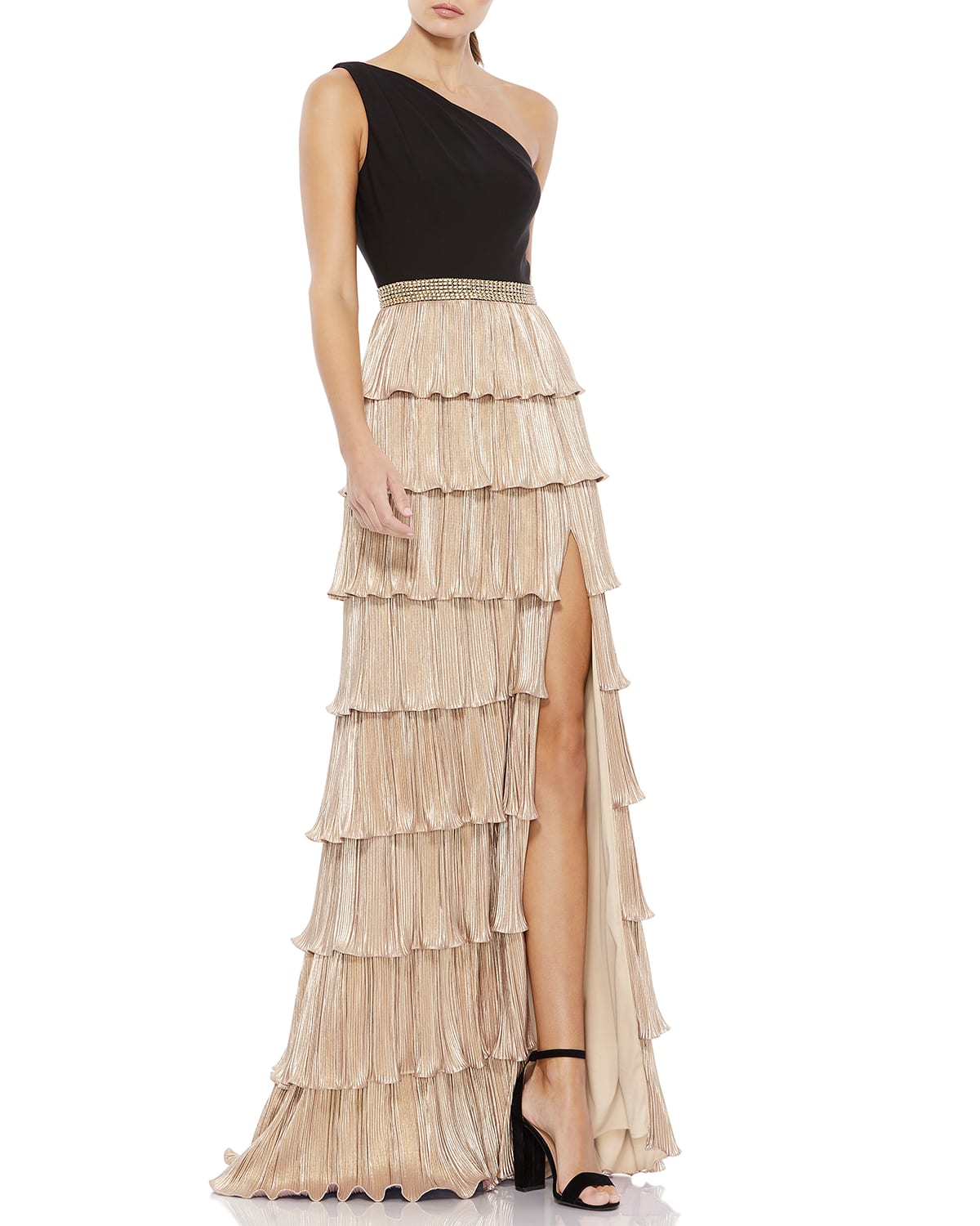 Ieena for Mac Duggal Plunging Tiered Ruffle A-Line Gown | Neiman Marcus