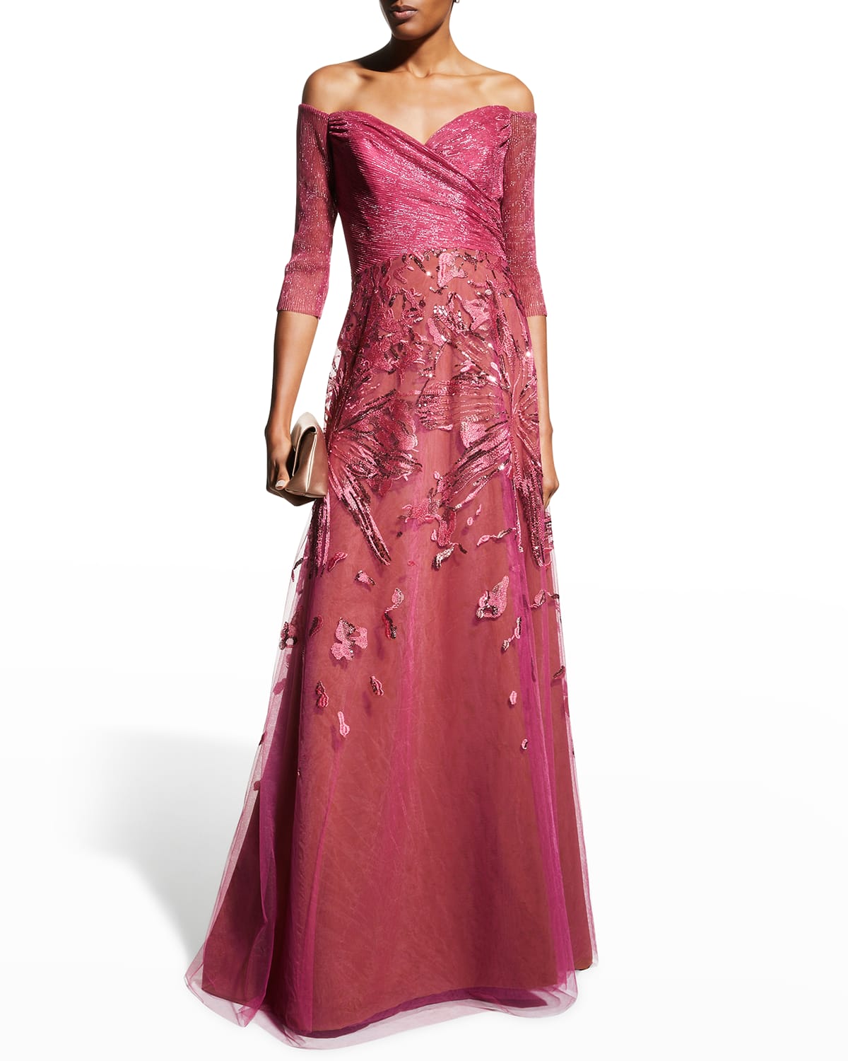 Rene Ruiz Sequin-Embellished Off-Shoulder Gown | Neiman Marcus