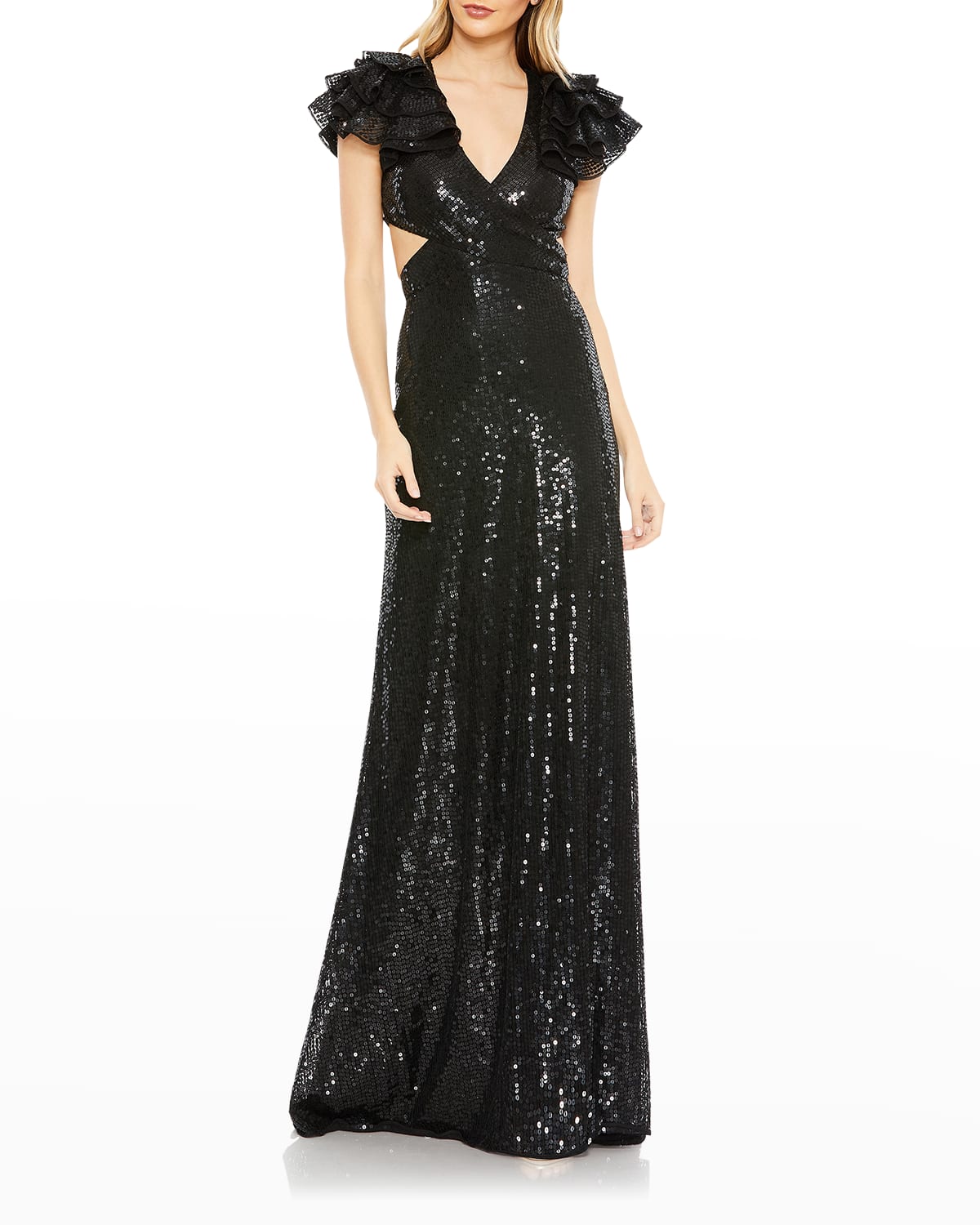 Mac Duggal V-Neck Sleeveless Tuxedo Gown with Floral Embroidery ...