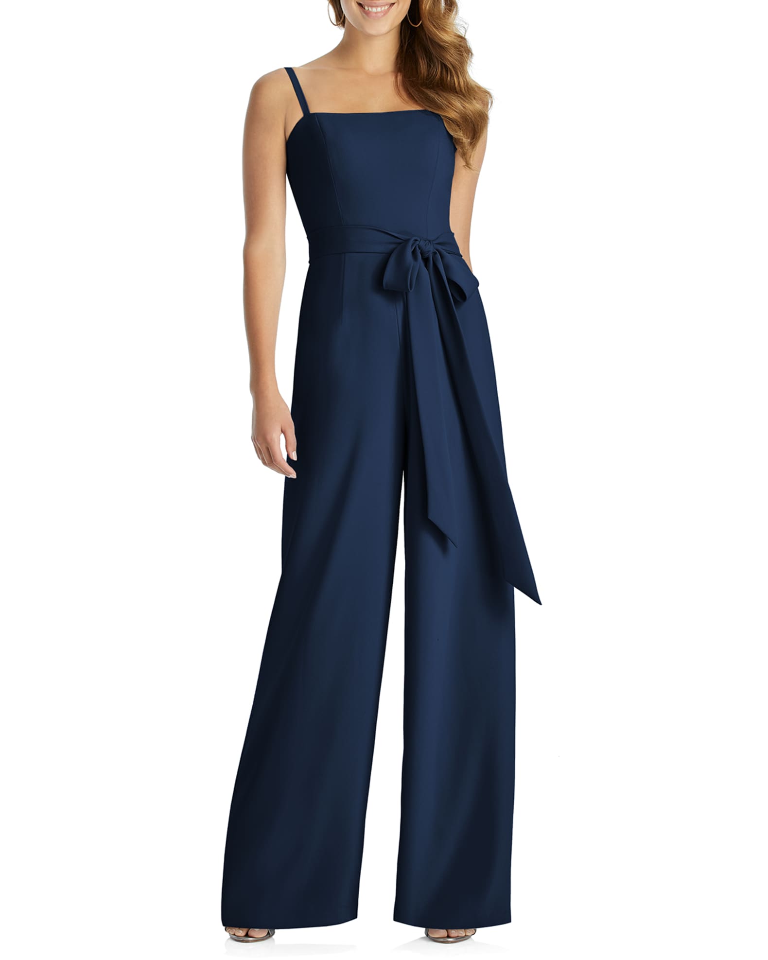 Dessy Collection SpaghettiStrap Crepe Jumpsuit with SelfSash Neiman