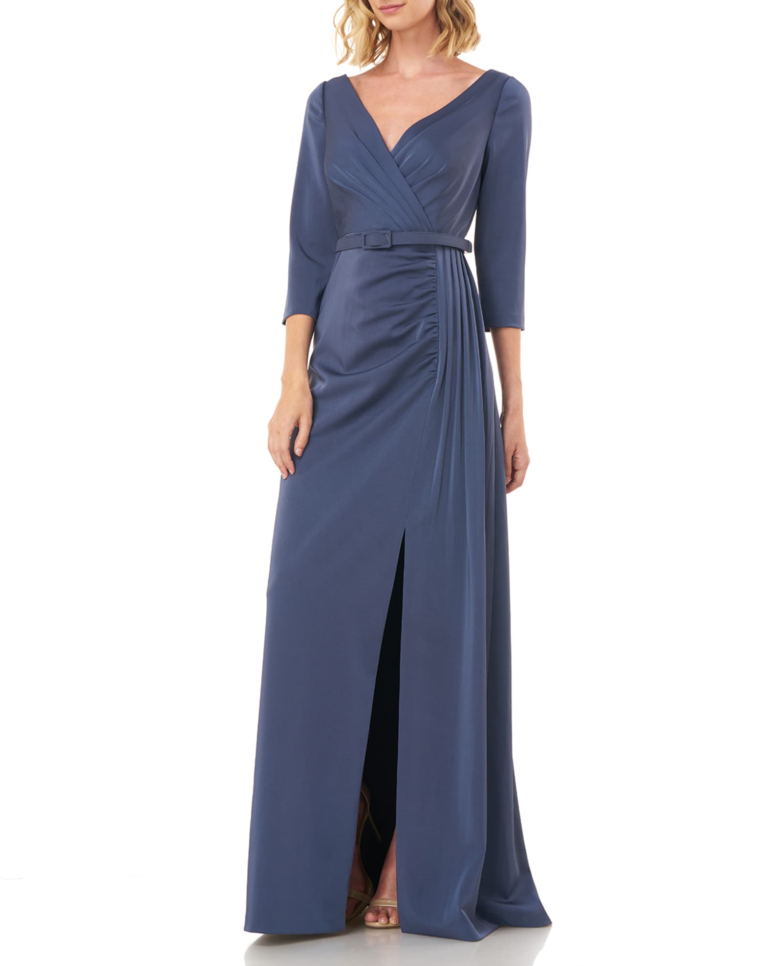 Kay Unger New York Capri V-Neck 3/4-Sleeve Belted Stretch Faille Gown ...
