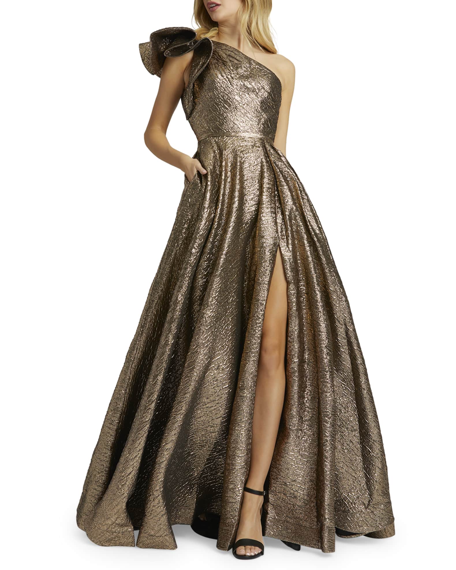 mac duggal asymmetric ruffle metallic ball gown
