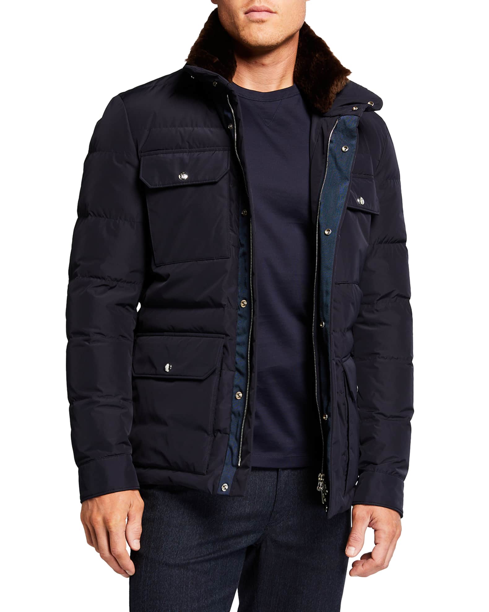 Moncler Men's 4-Pocket Field Jacket with Fur Collar | Neiman Marcus