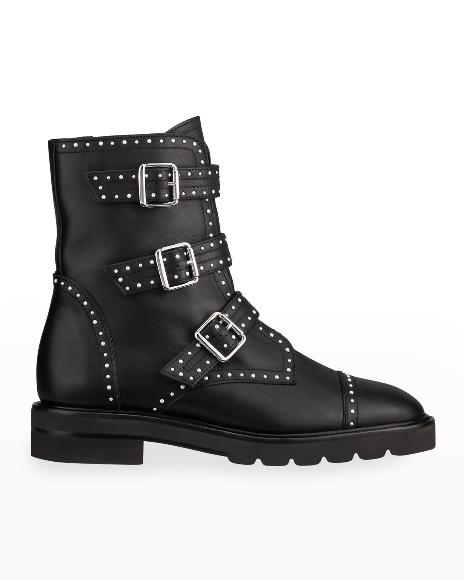 Stuart Weitzman Jesse Lift Studded Buckle Leather Boots | Neiman Marcus