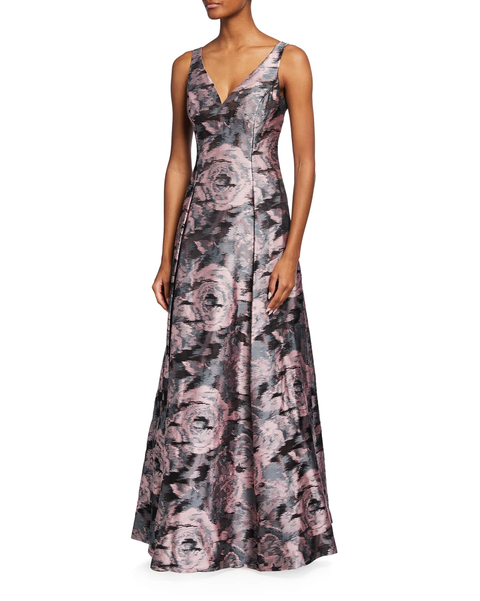 Aidan Mattox V-Neck Floral Jacquard Gown | Neiman Marcus