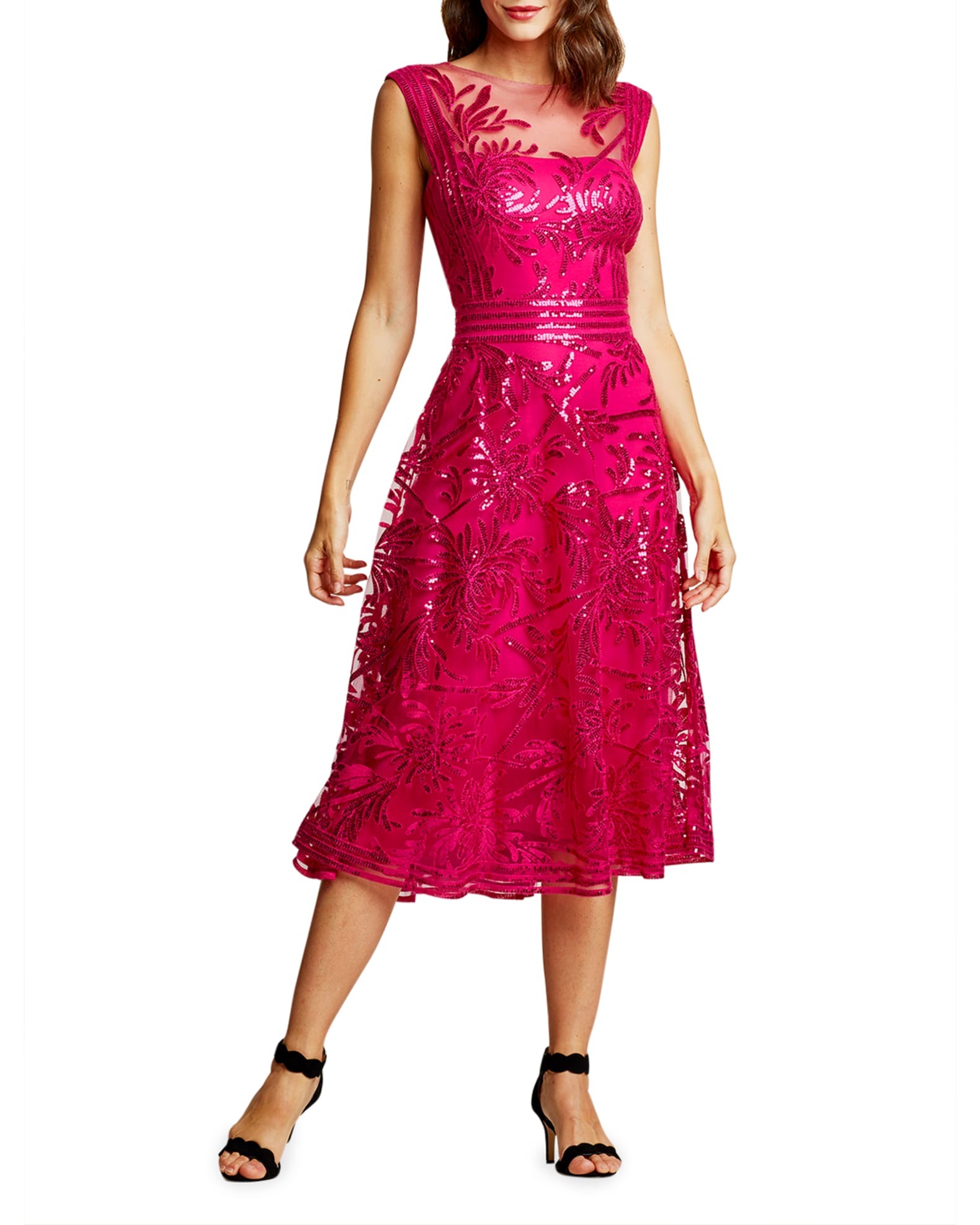 Tadashi Shoji Sequin-Embroidered Tulle Sleeveless Midi Dress | Neiman