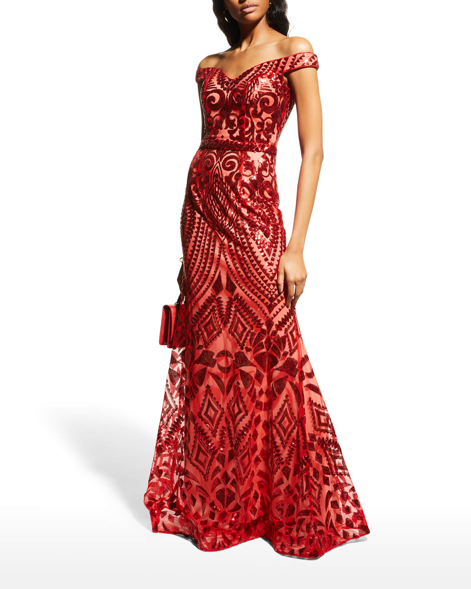 off shoulder sequin gown