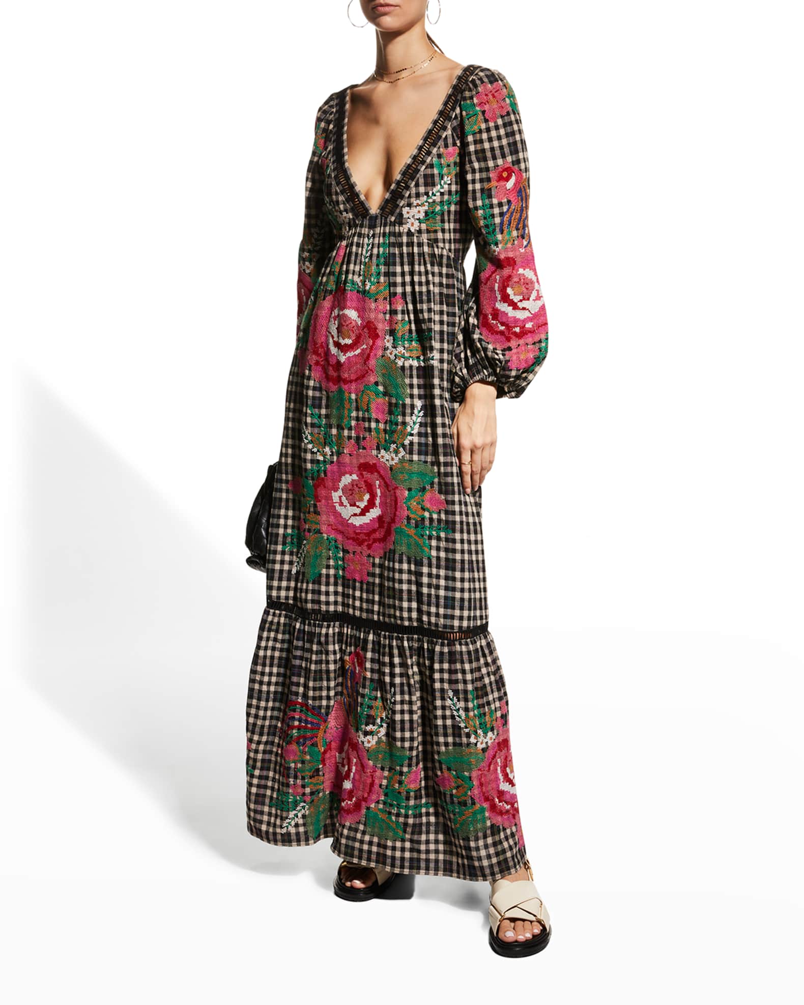 Farm Rio Rooster Cross-Stitch Embroidered Gingham Maxi Dress | Neiman