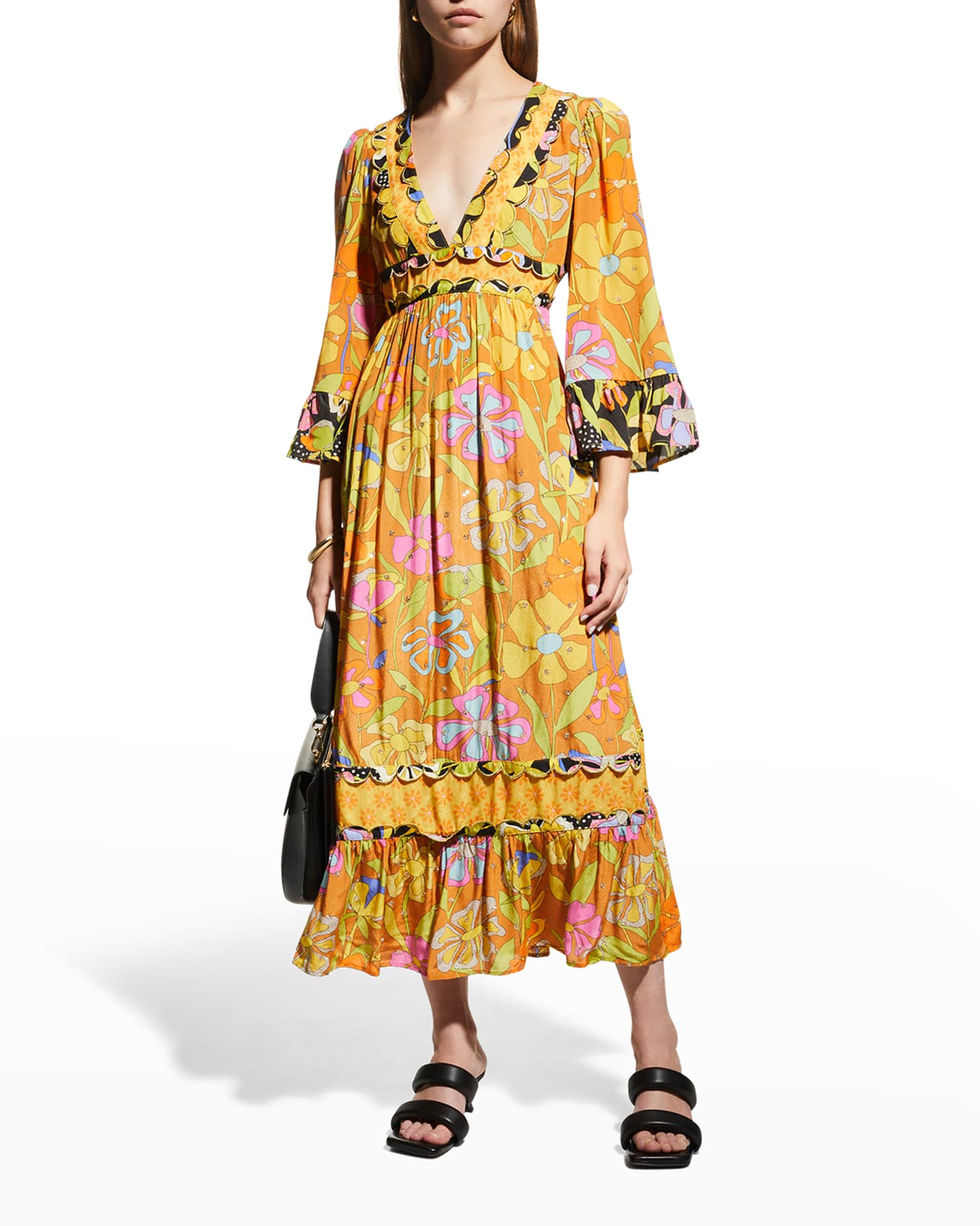 CELIAB Gardenia Midi Floral Dress with Embroidery | Neiman Marcus