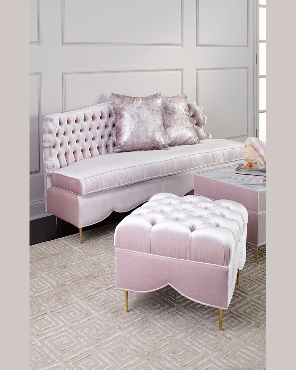 Haute House Valentina Sofa, Ottoman, And Marble-top Side Table In Blush