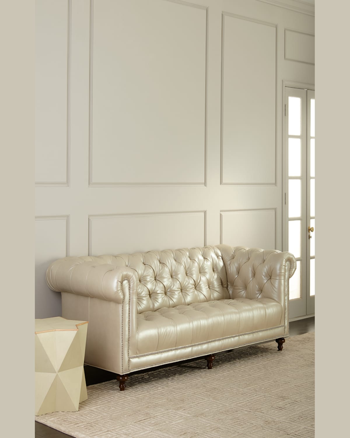 Massoud Lara Leather Chesterfield Sofa, 94" In Cream
