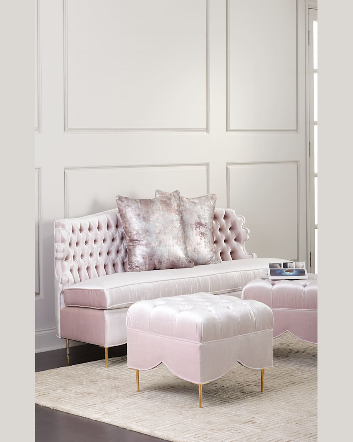 Haute House Valentina Sofa, 83" And Two Tufted Ottomans In Blush