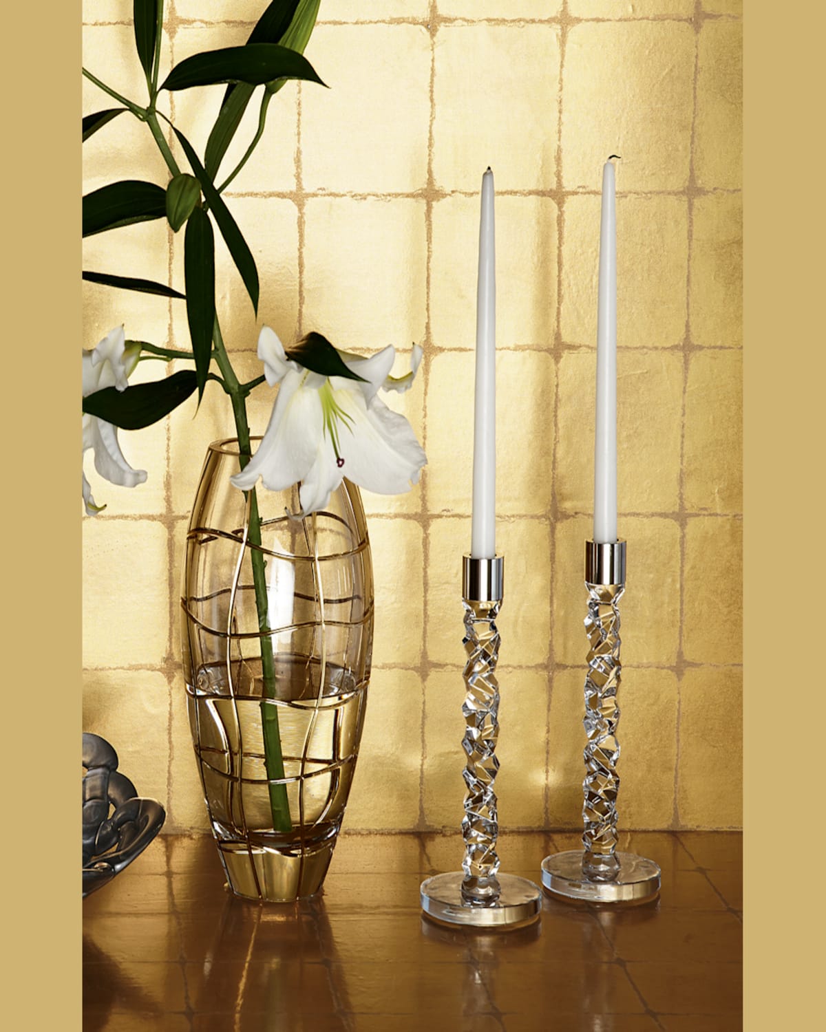 Orrefors Carat Brass Medium Candlestick Pair In Clear