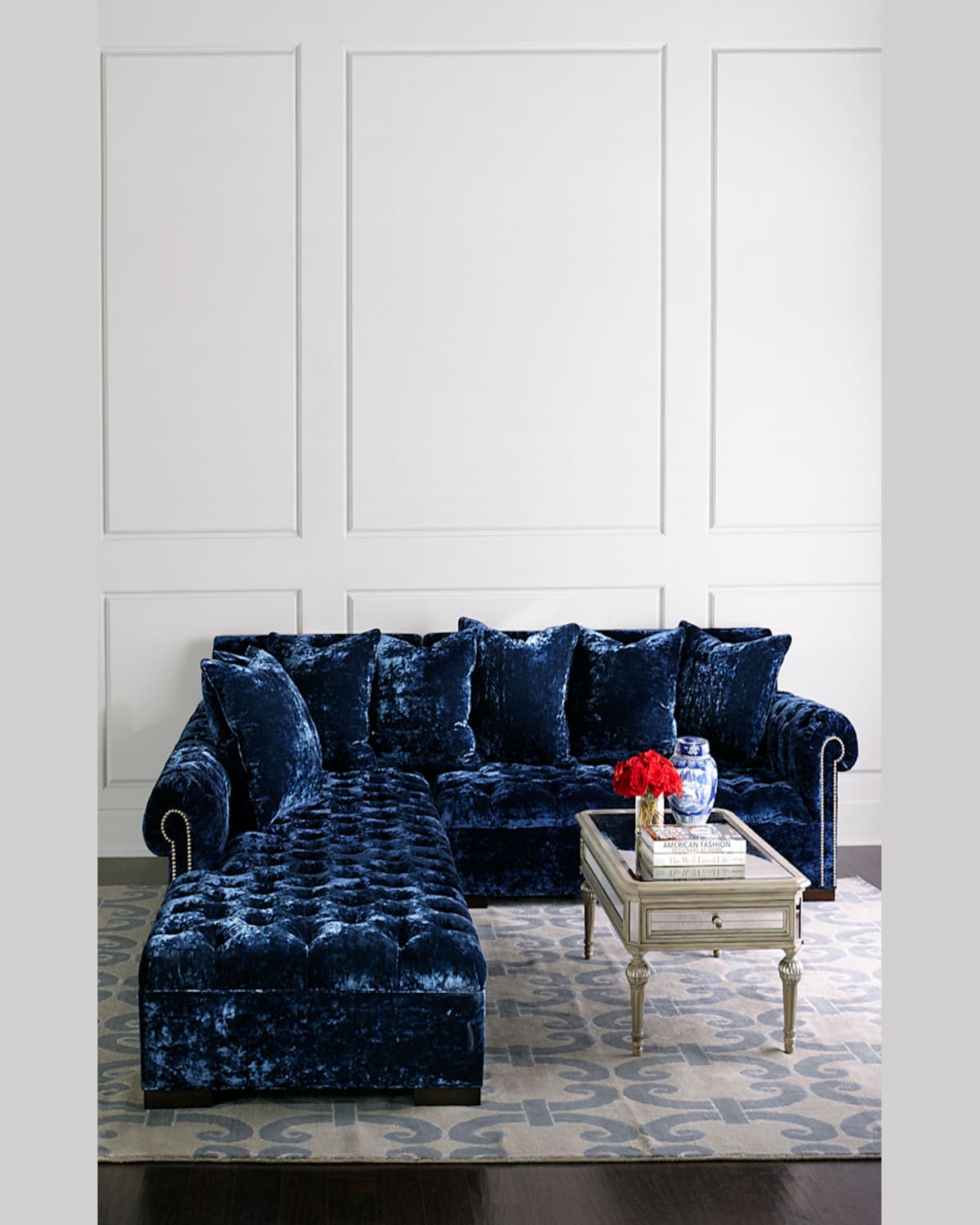 Haute House Divine Crushed Velvet Left Chaise Sectional 114" In Navy