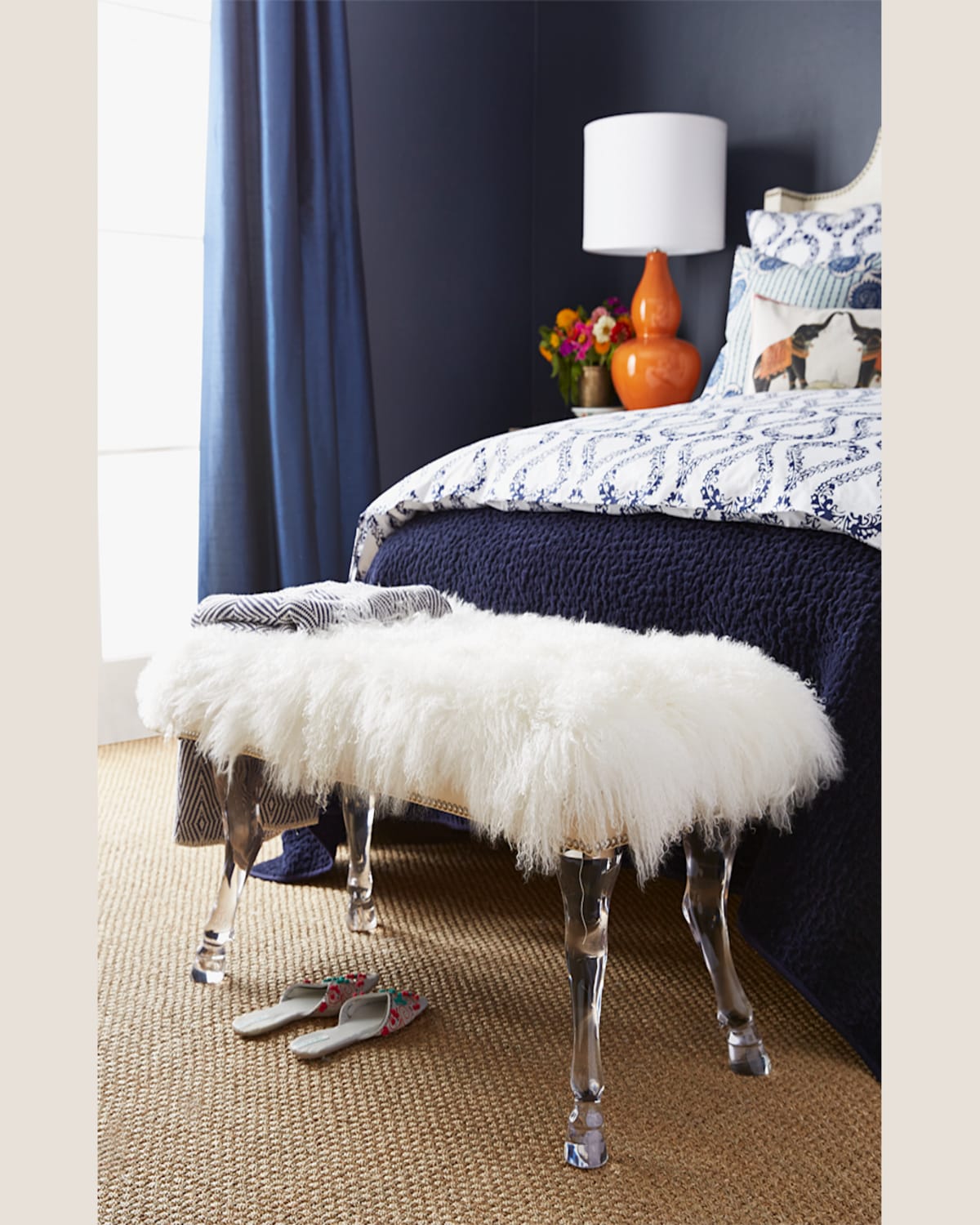 Massoud Centaur White Sheepskin Bench In White/acrylic