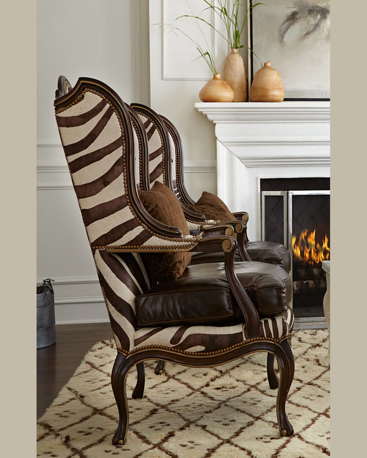 Massoud Zena Hairhide & Leather Wing Chair In Brown Zebra