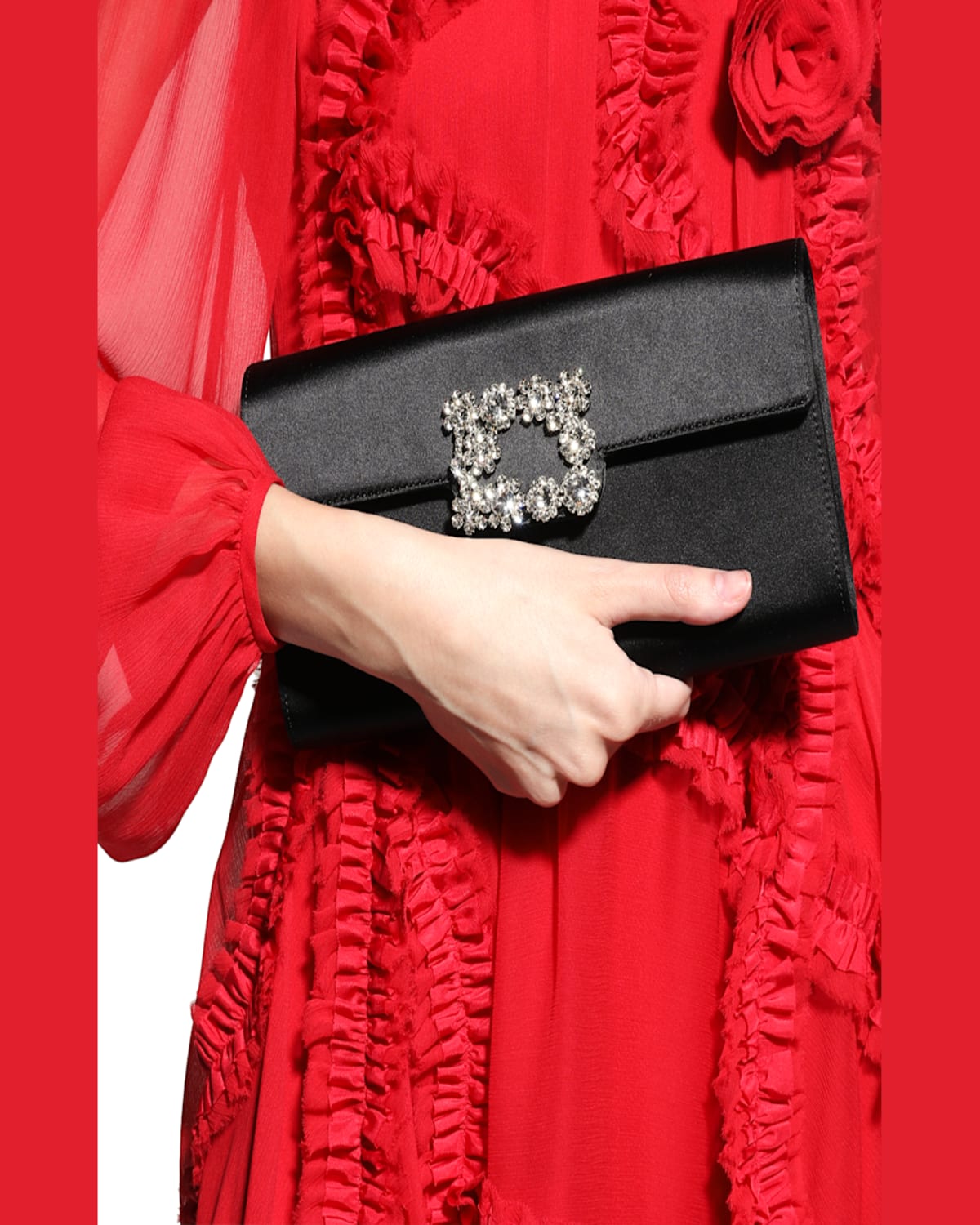 Roger Vivier Flower Buckle Satin Clutch In Black/crystal