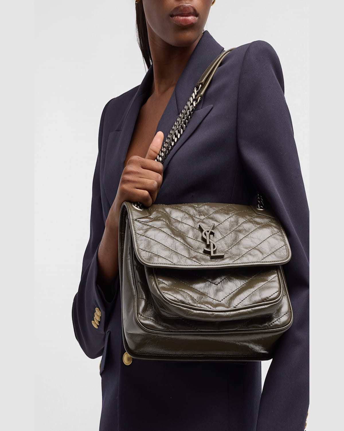 Saint Laurent Niki Medium Flap Ysl Shoulder Bag In Crinkled Leather In Light Musk