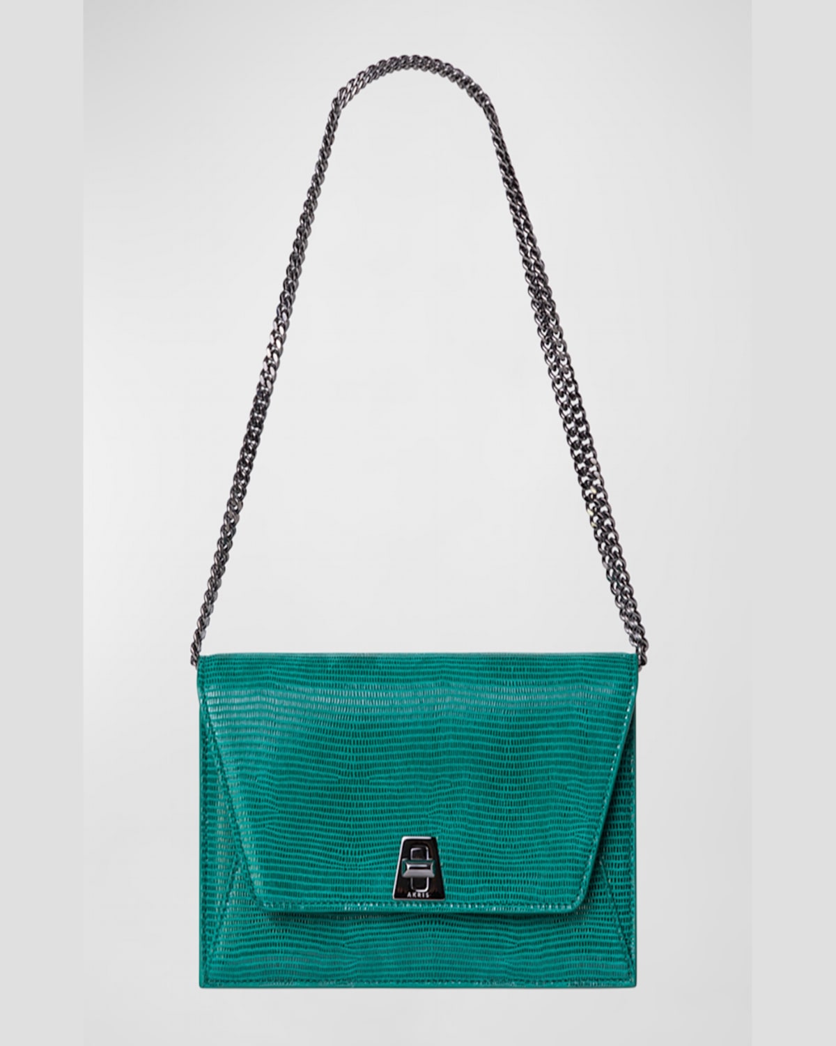 Shop Akris Anouk Lizard-print Clutch Bag W/ Chain In Emerald