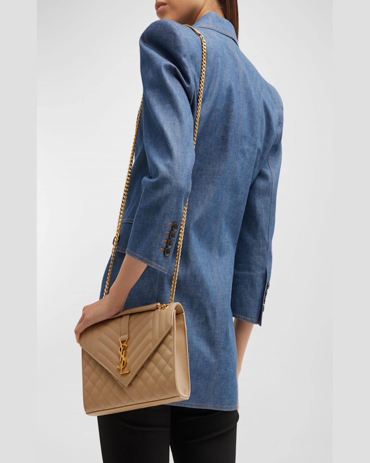 Saint Laurent Envelope Triquilt Medium Ysl Shoulder Bag In Grained Leather In Dark Beige