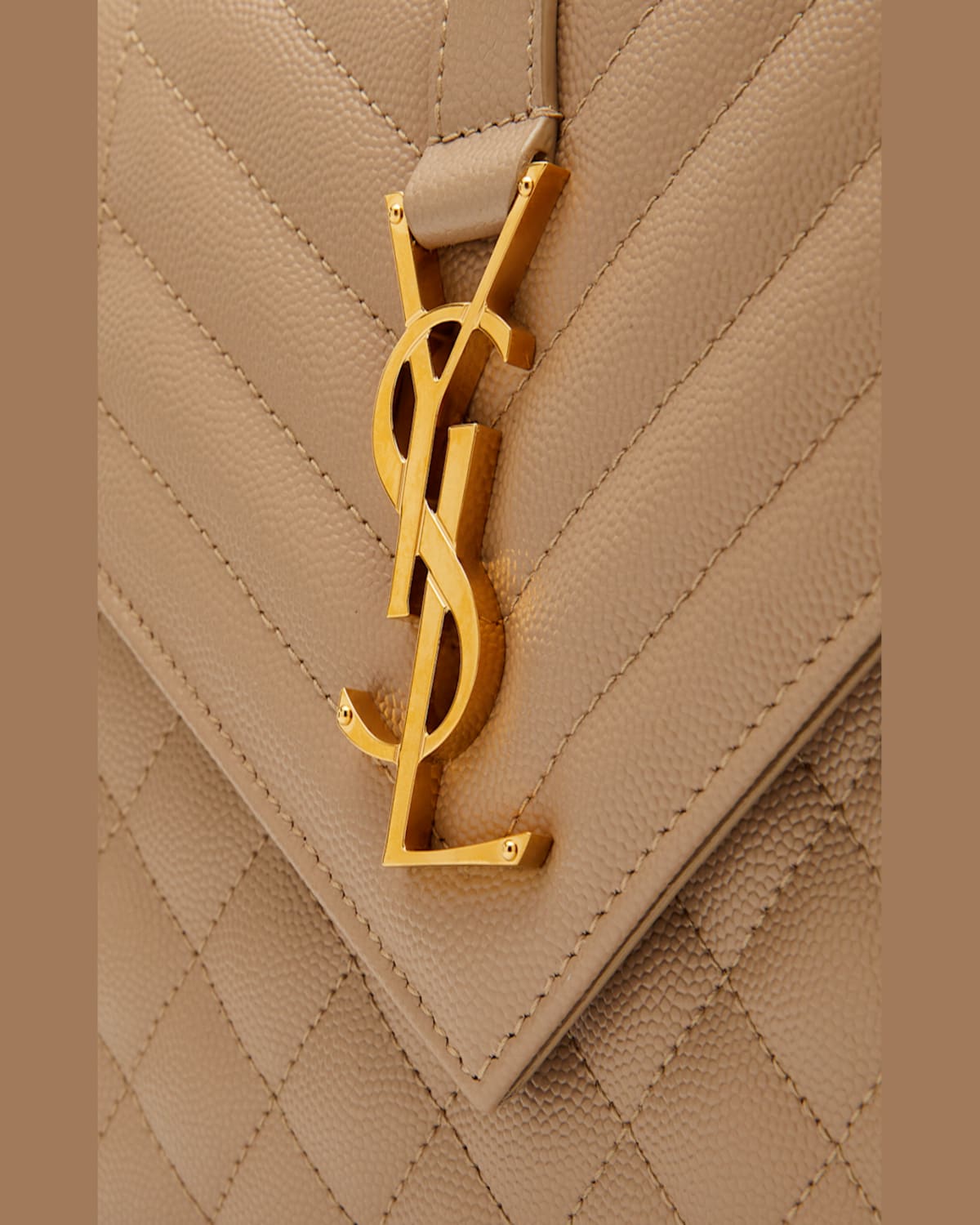 Saint Laurent Envelope Triquilt Medium Ysl Shoulder Bag In Grained Leather In Dark Beige