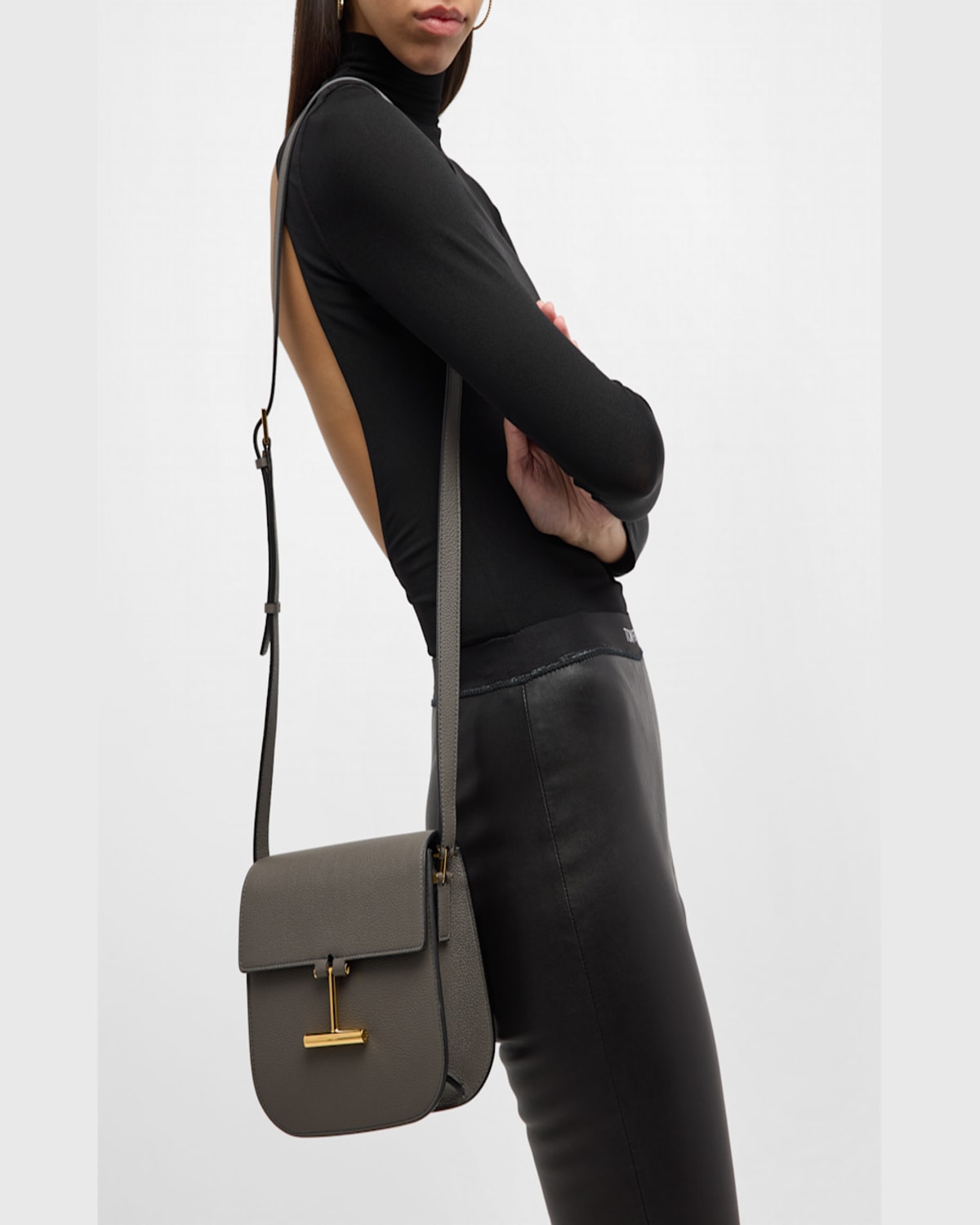 Tom Ford Tara Mini Crossbody In Grained Leather With Leather Strap In Espresso