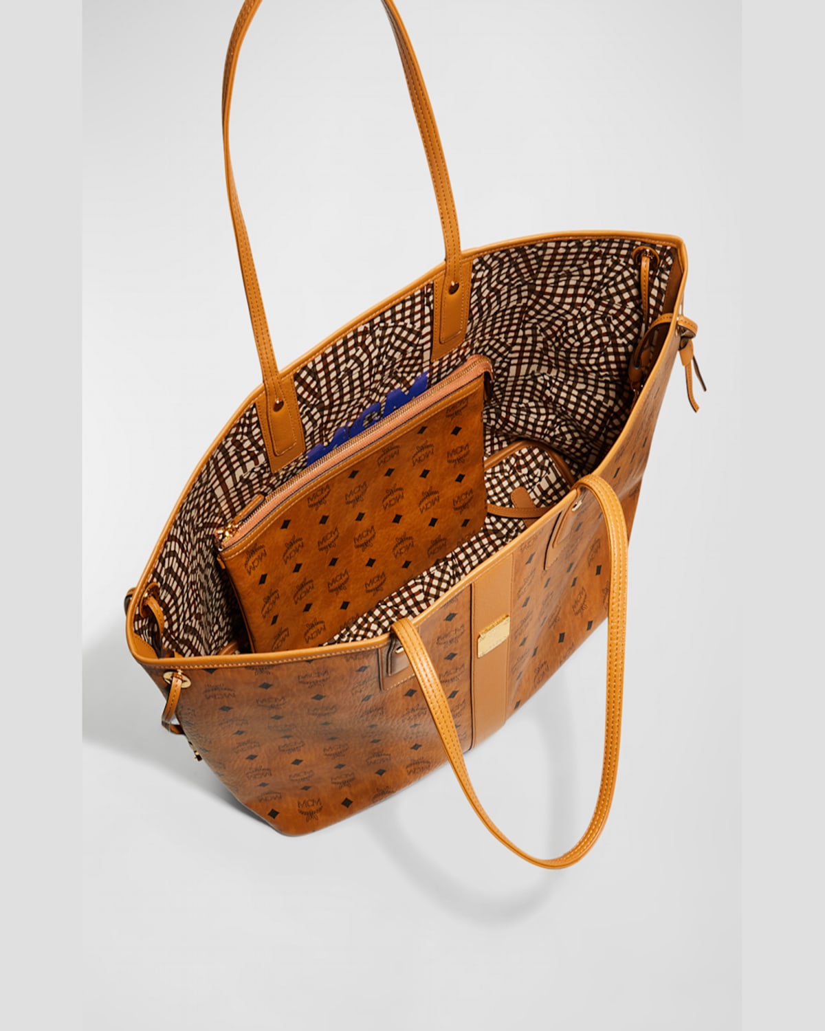 Mcm Liz Large Reversible Visetos Shopper Tote Bag In Cognac