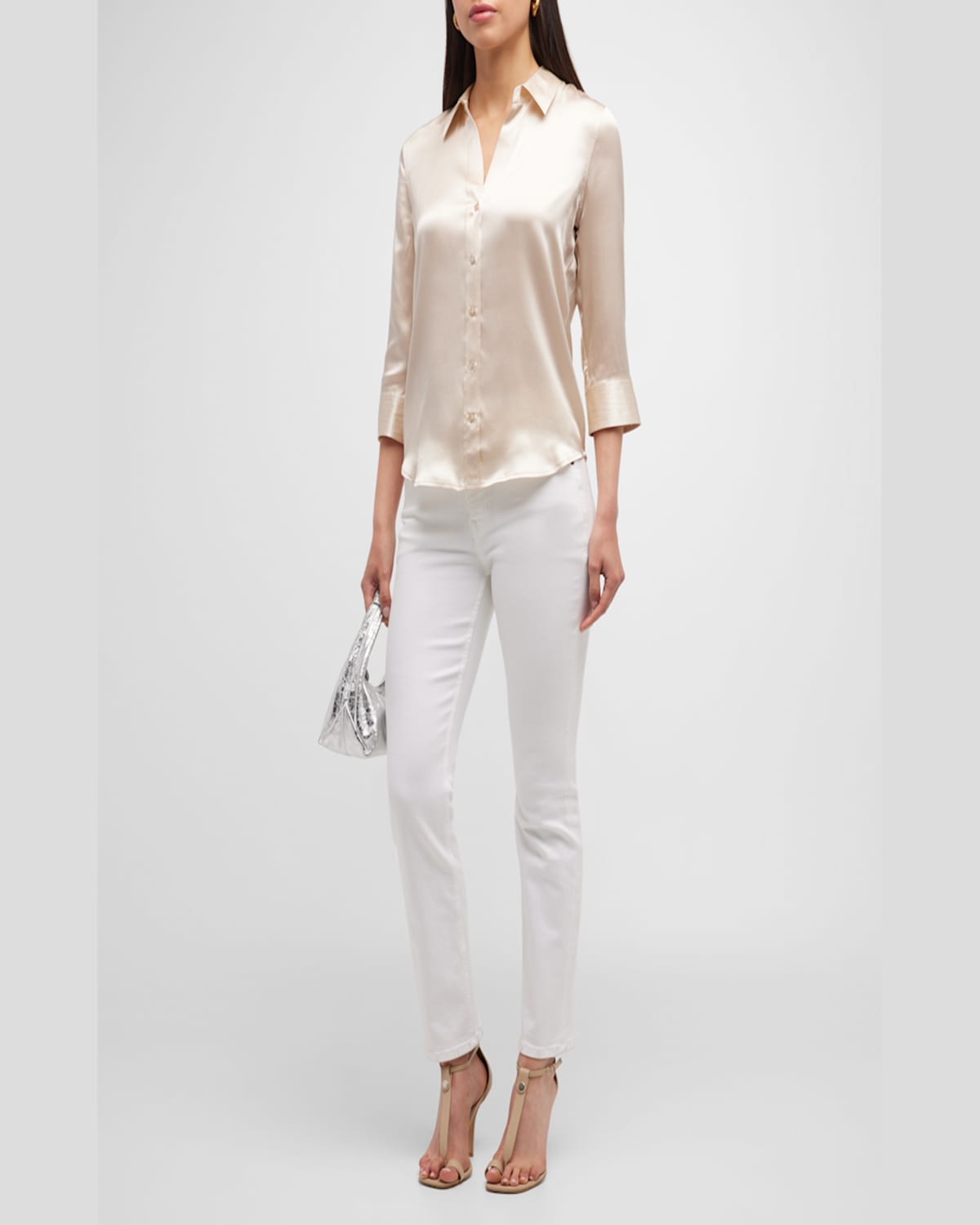L Agence Dani Silk Satin 3/4-sleeve Button-down Blouse In Harbor Blue