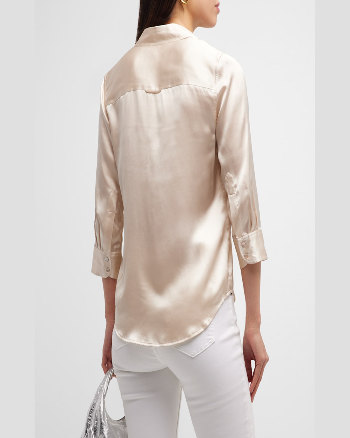 L Agence Dani Silk Satin 3/4-sleeve Button-down Blouse In Harbor Blue