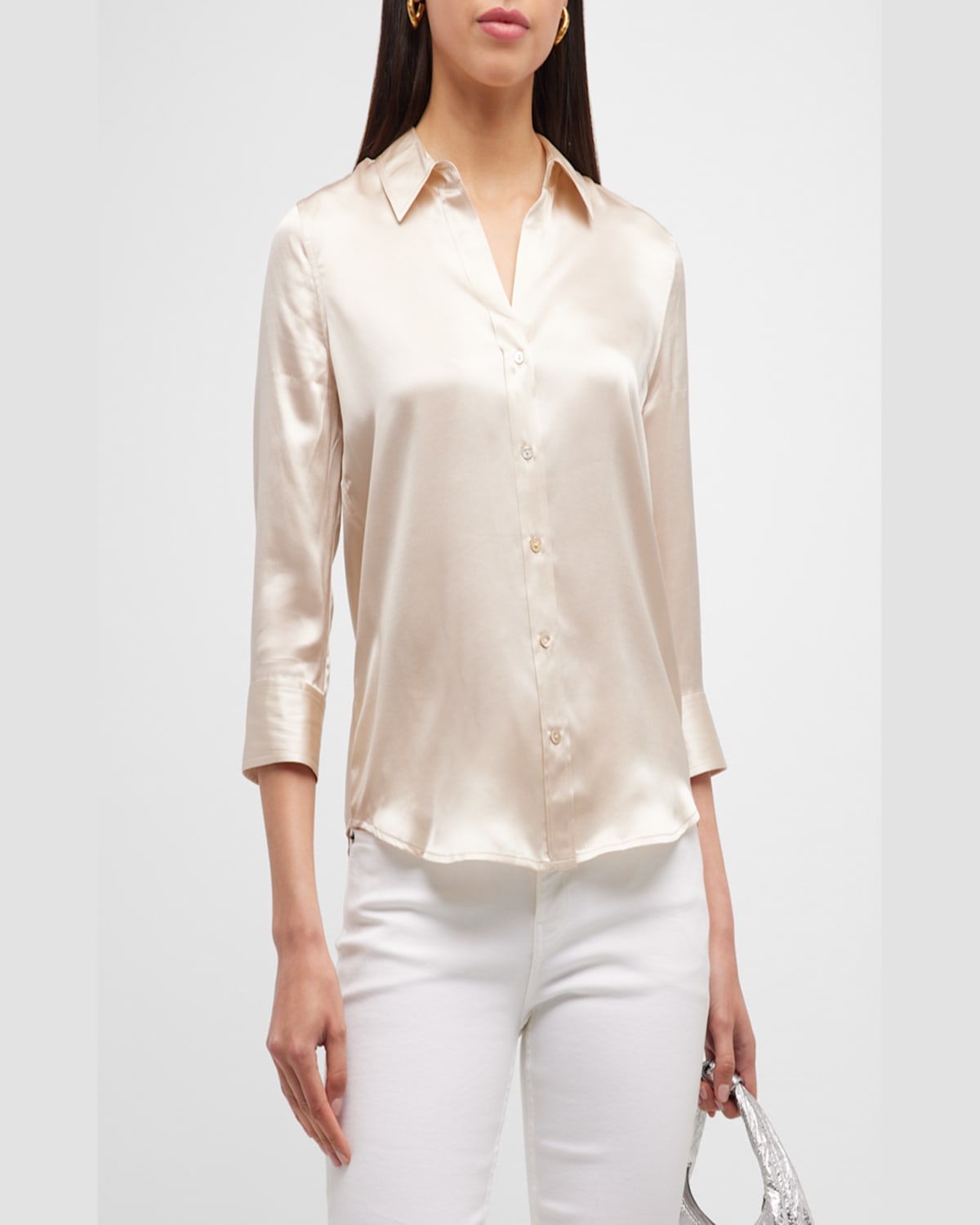 L Agence Dani Silk Satin 3/4-sleeve Button-down Blouse In Harbor Blue