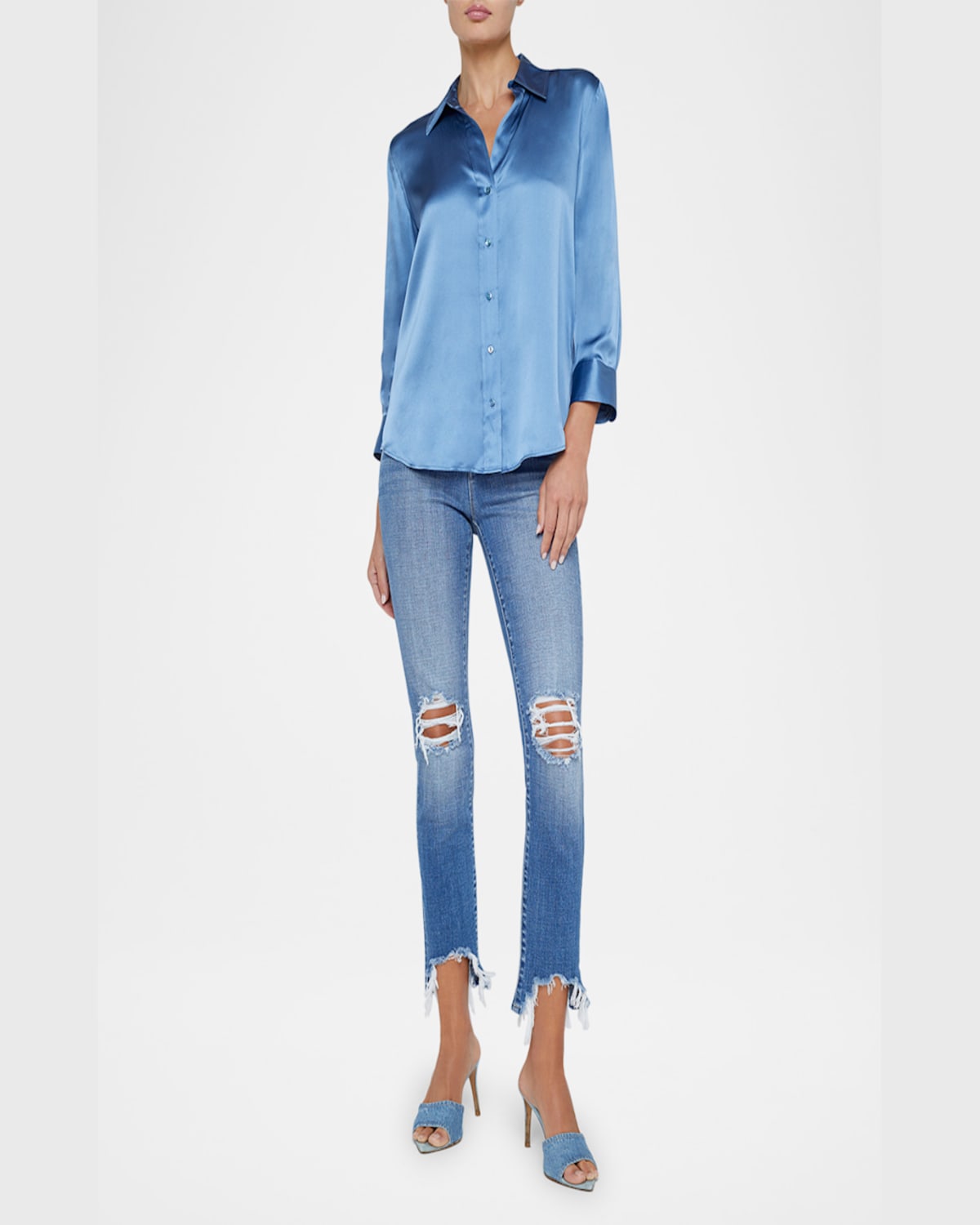 L Agence Dani Silk Satin 3/4-sleeve Button-down Blouse In Harbor Blue
