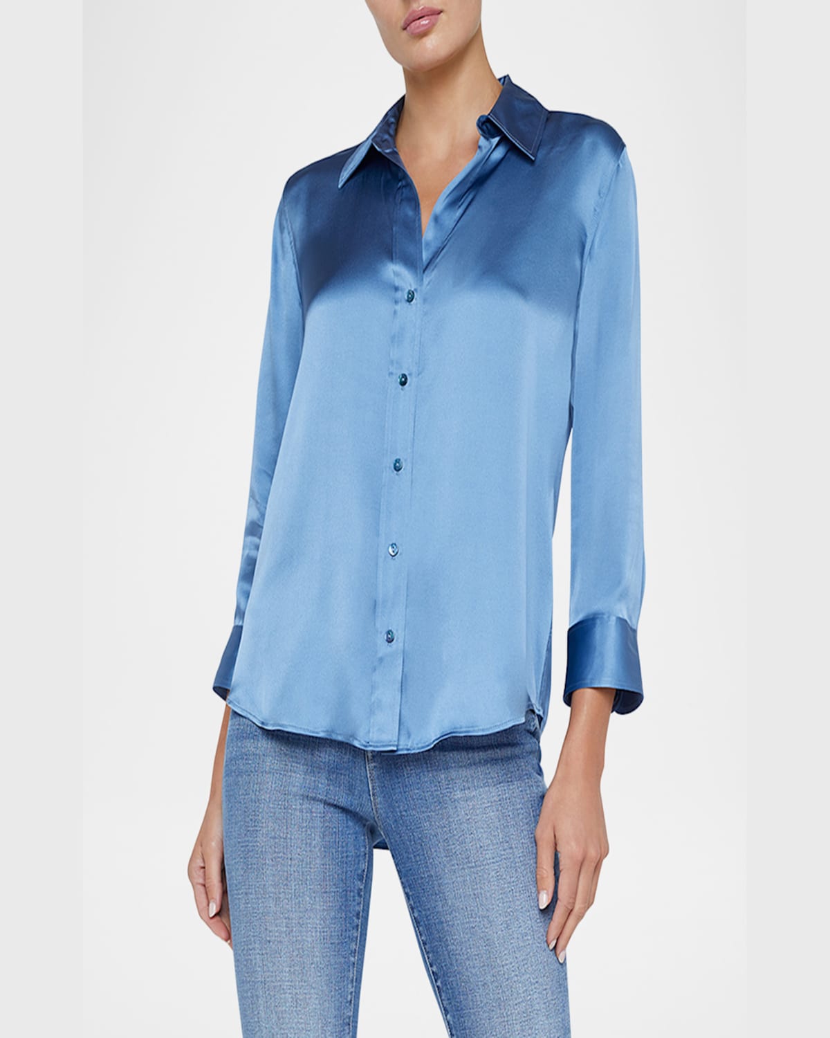 L Agence Dani Silk Satin 3/4-sleeve Button-down Blouse In Harbor Blue