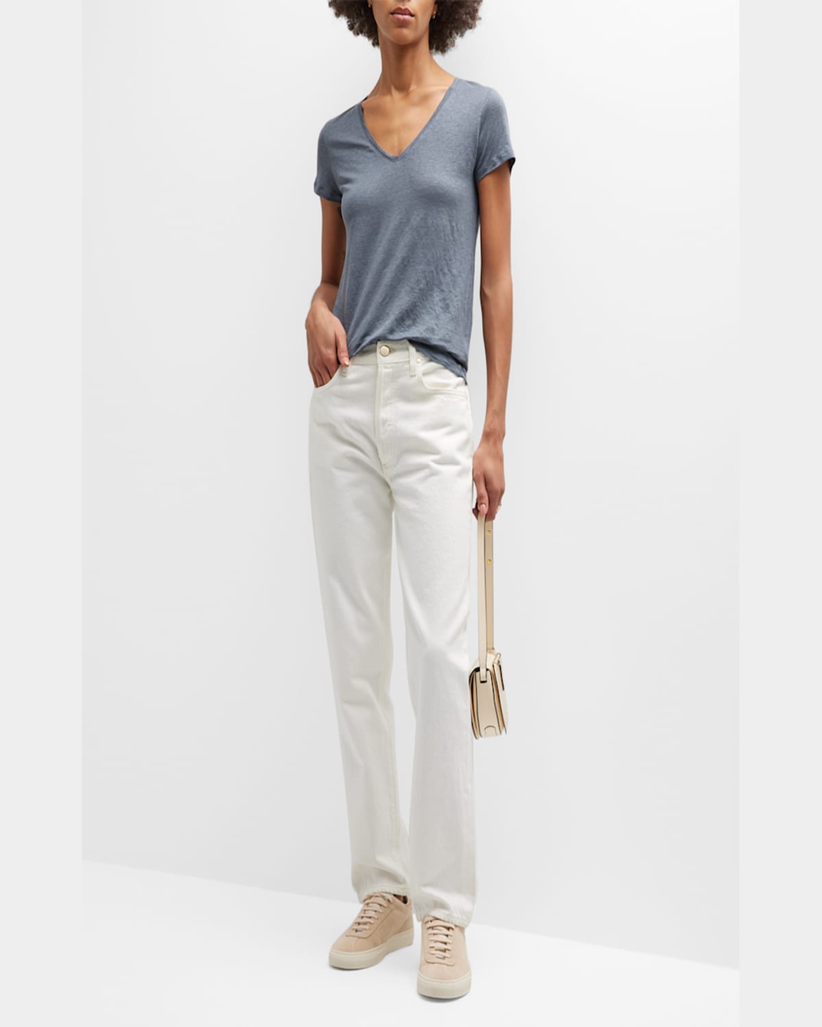 MAJESTIC V-NECK SHORT-SLEEVE STRETCH LINEN T-SHIRT 