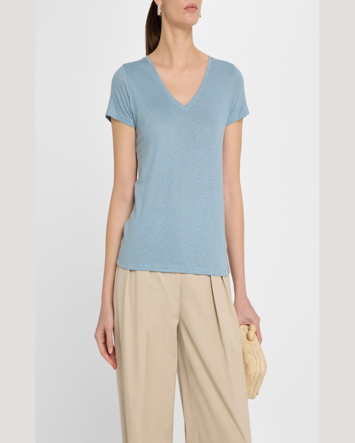 Shop Majestic V-neck Short-sleeve Stretch Linen T-shirt In Ocean