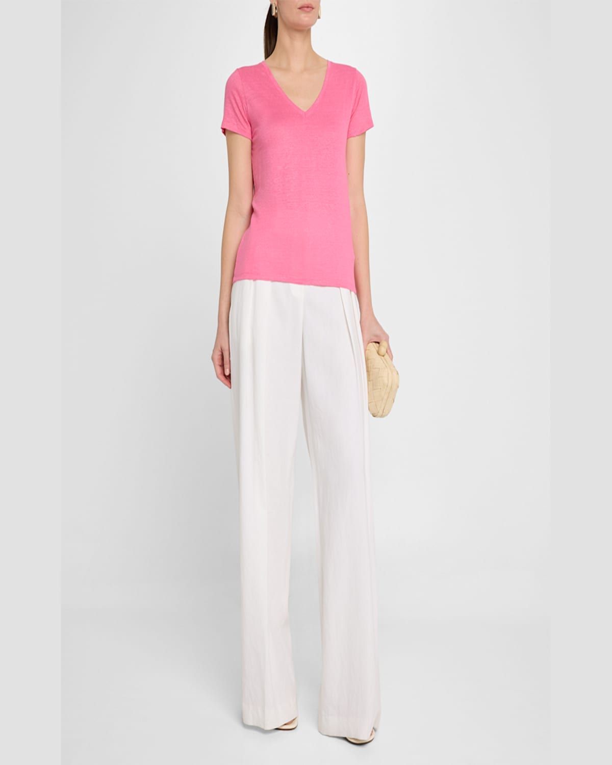 Shop Majestic V-neck Short-sleeve Stretch Linen T-shirt In Candy Pink