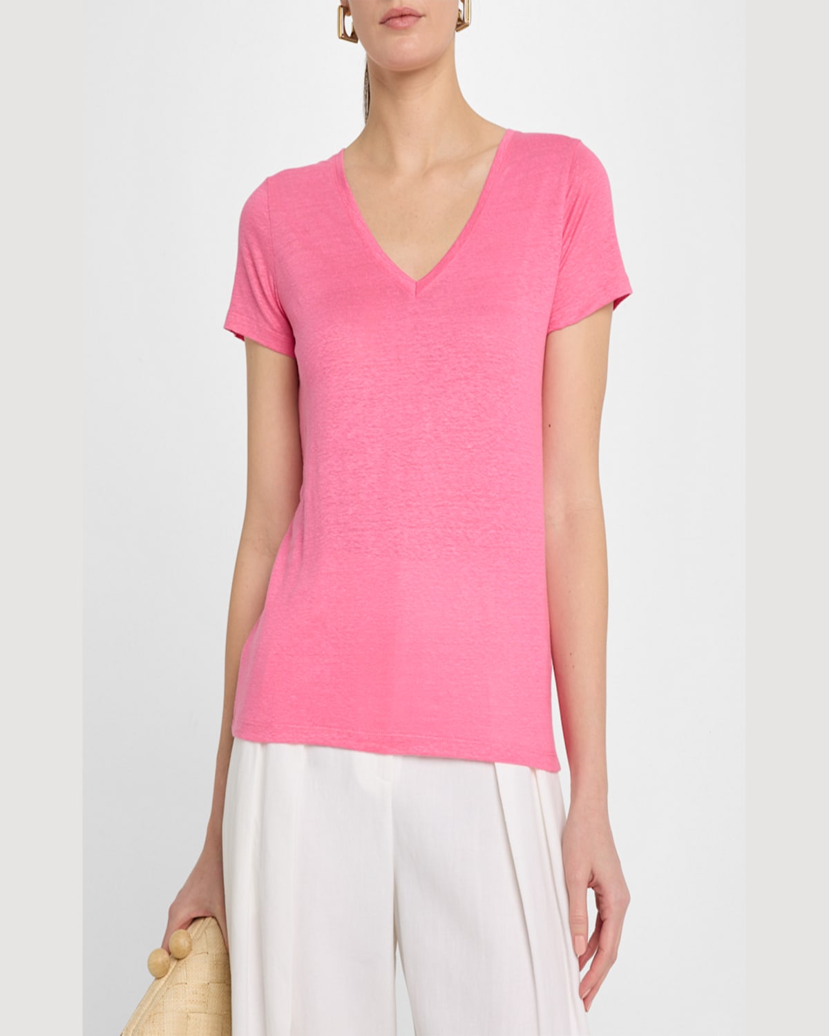 Shop Majestic V-neck Short-sleeve Stretch Linen T-shirt In Candy Pink