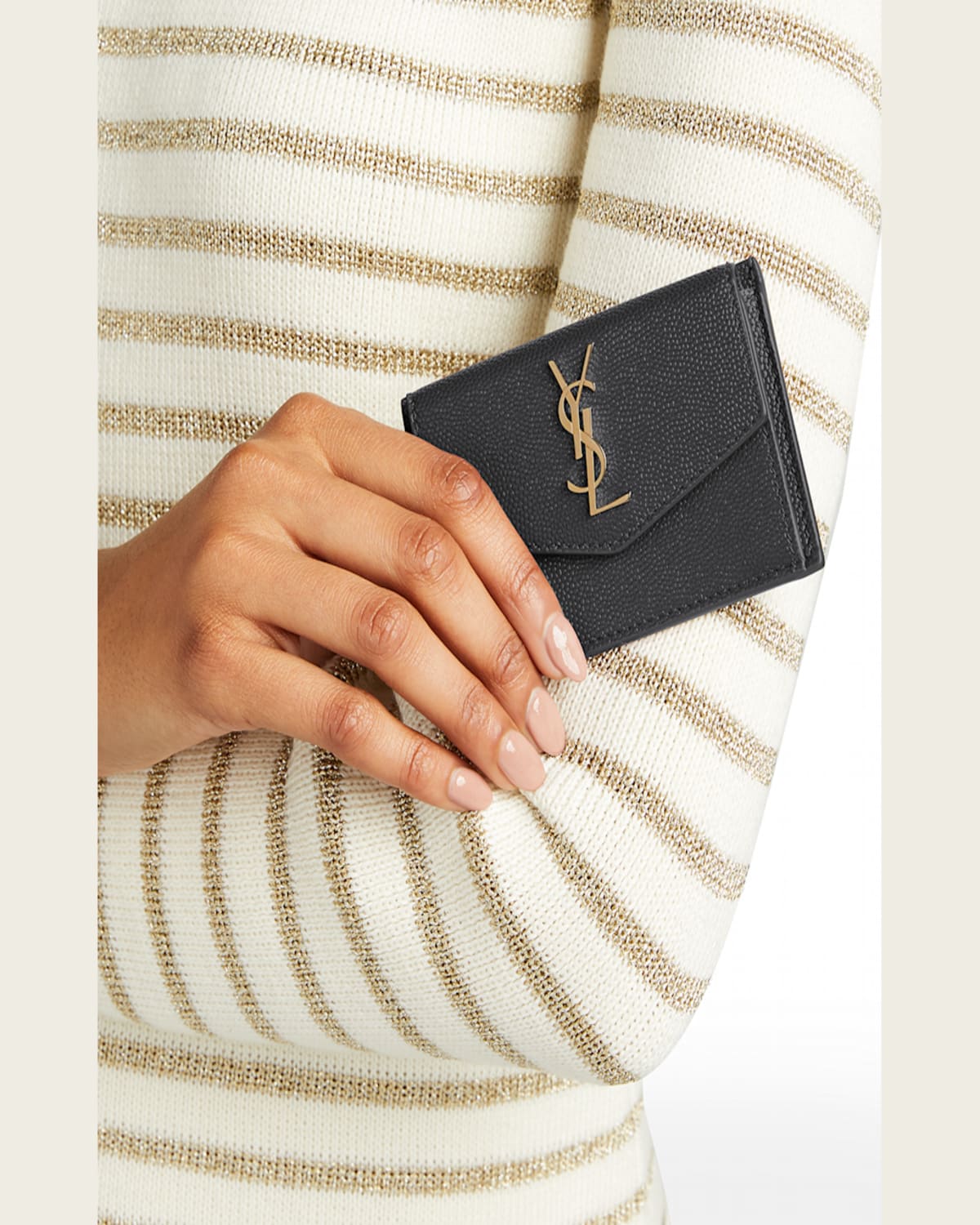 Saint Laurent Ysl Monogram Flap Card Case In Grained Leather In Black