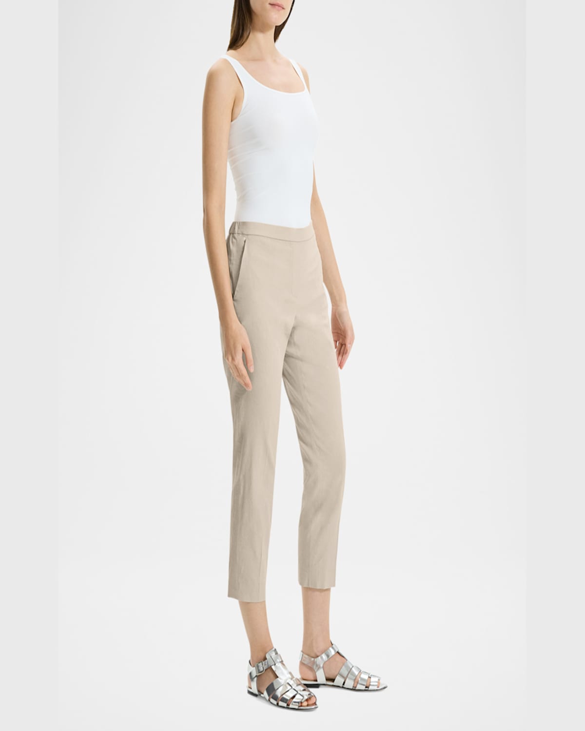 Theory Treeca Good Linen Cropped Pull-on Ankle Pants In Soft Taupe
