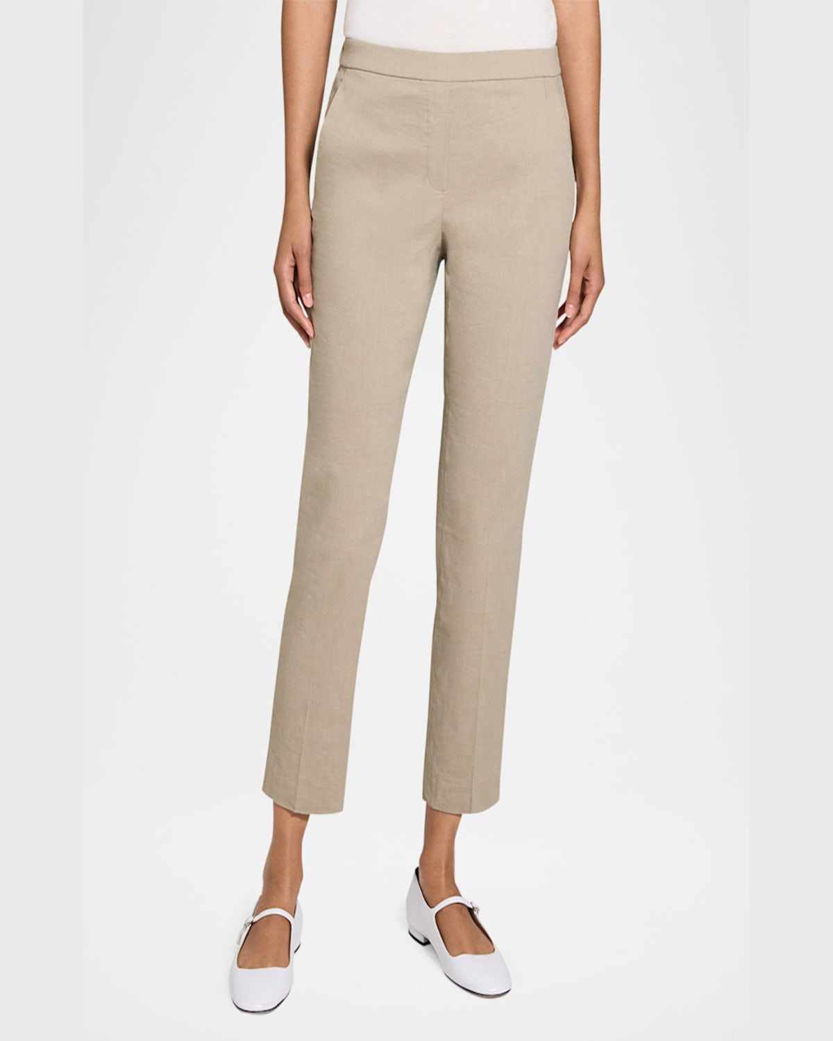 Theory Treeca Good Linen Cropped Pull-on Ankle Pants In Soft Taupe