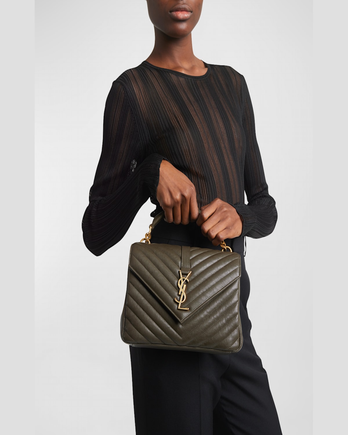 Saint Laurent College Medium Flap Ysl Shoulder Bag In Quilted Leather In Light Musk