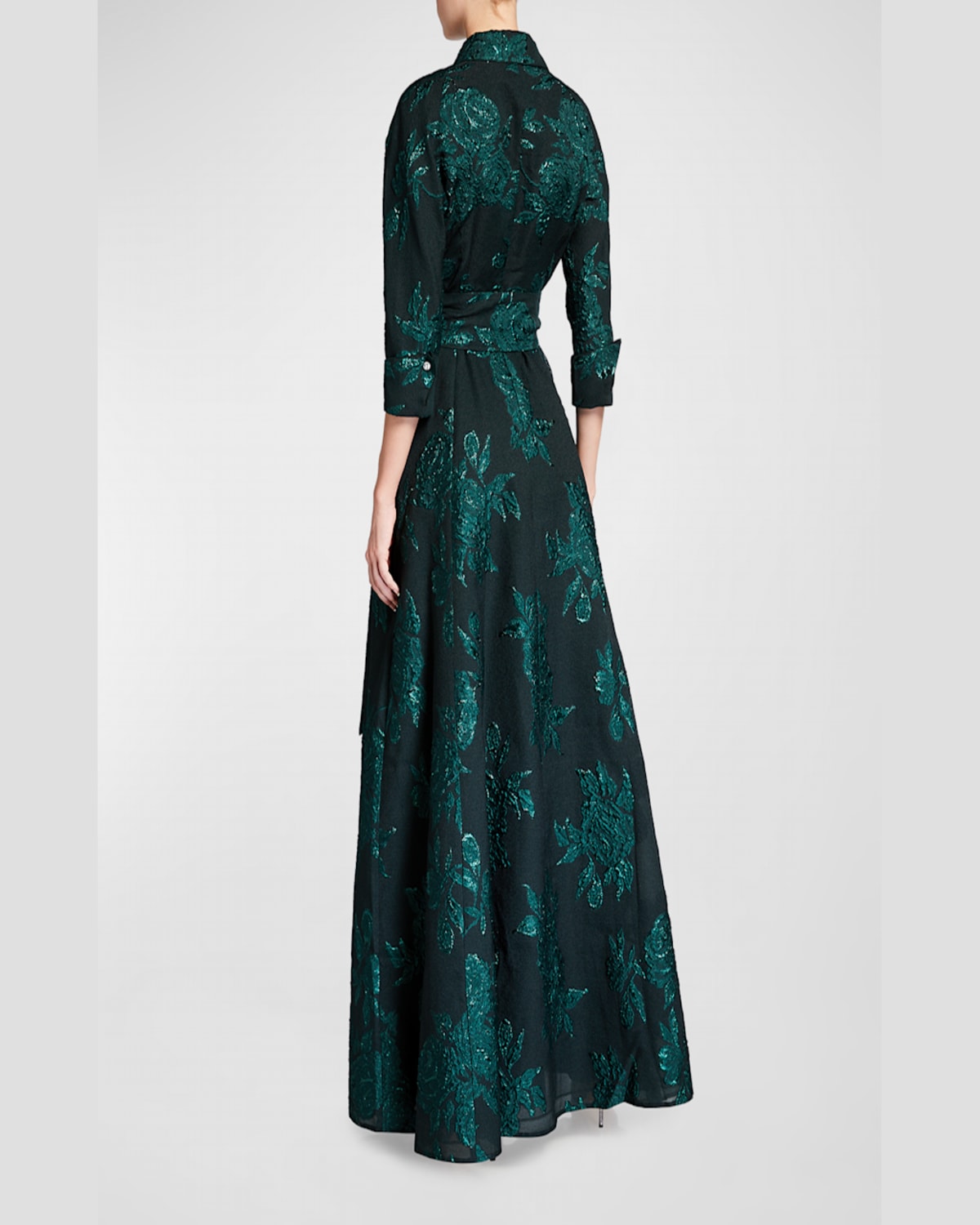Rickie Freeman For Teri Jon Belted Jacquard Shirtdress Gown In Emerald