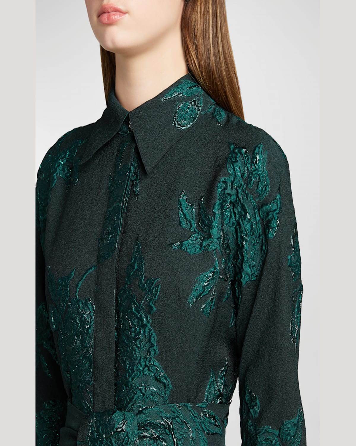 Rickie Freeman For Teri Jon Belted Jacquard Shirtdress Gown In Emerald