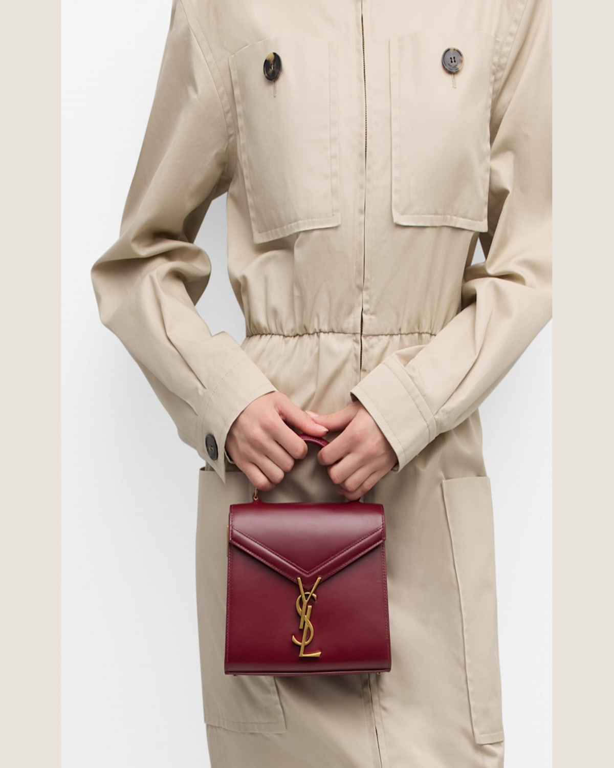 Saint Laurent Cassandre Mini Monogram Ysl Box Calf Top-handle Bag In New Dark Bordeaux
