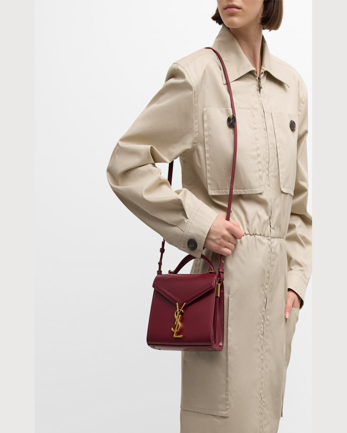 Saint Laurent Cassandre Mini Monogram Ysl Box Calf Top-handle Bag In New Dark Bordeaux