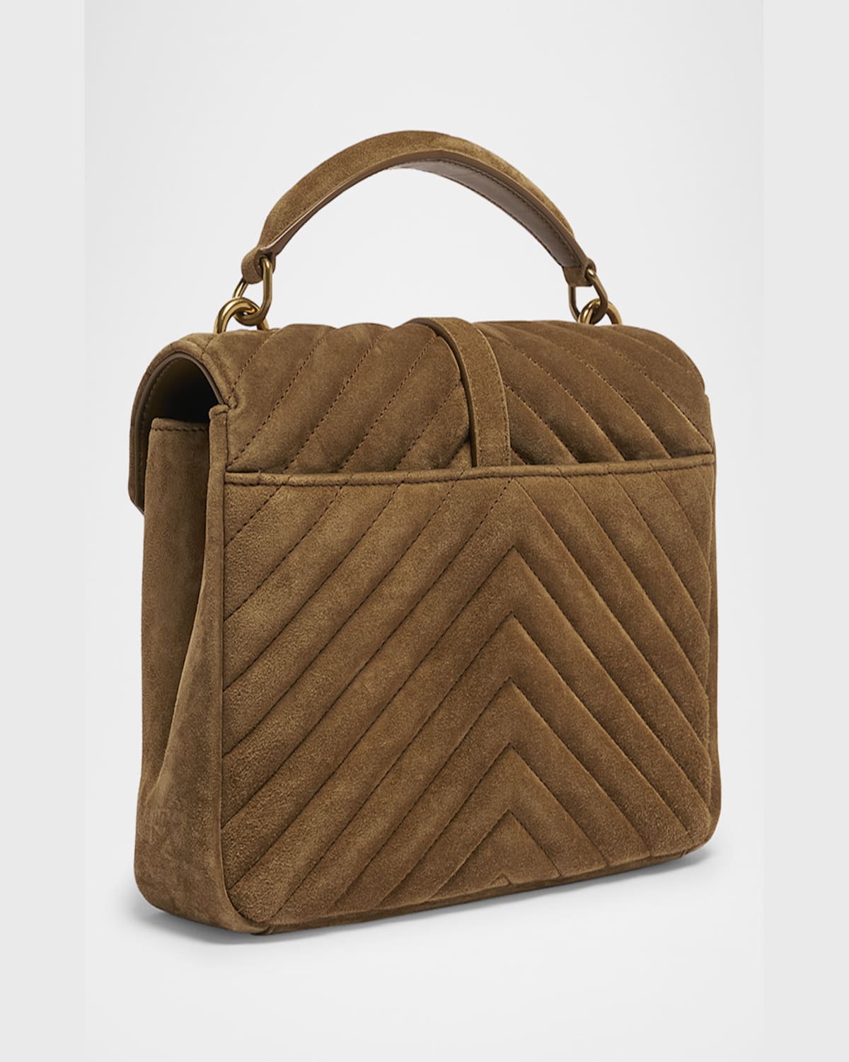 Shop Saint Laurent College Medium Flap Ysl Shoulder Bag In Quilted Suede In Golden Leaf