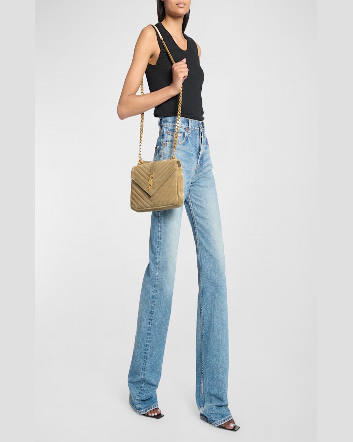 Shop Saint Laurent College Medium Flap Ysl Shoulder Bag In Quilted Suede In Golden Leaf