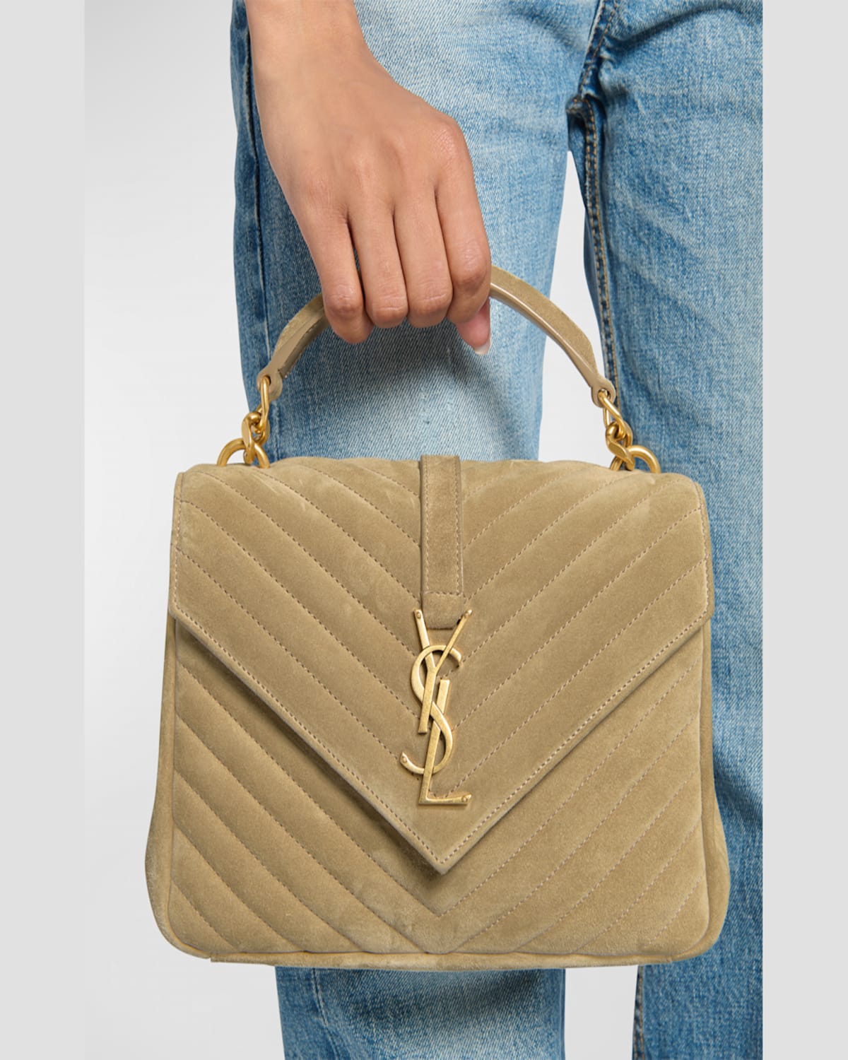Shop Saint Laurent College Medium Flap Ysl Shoulder Bag In Quilted Suede In Golden Leaf