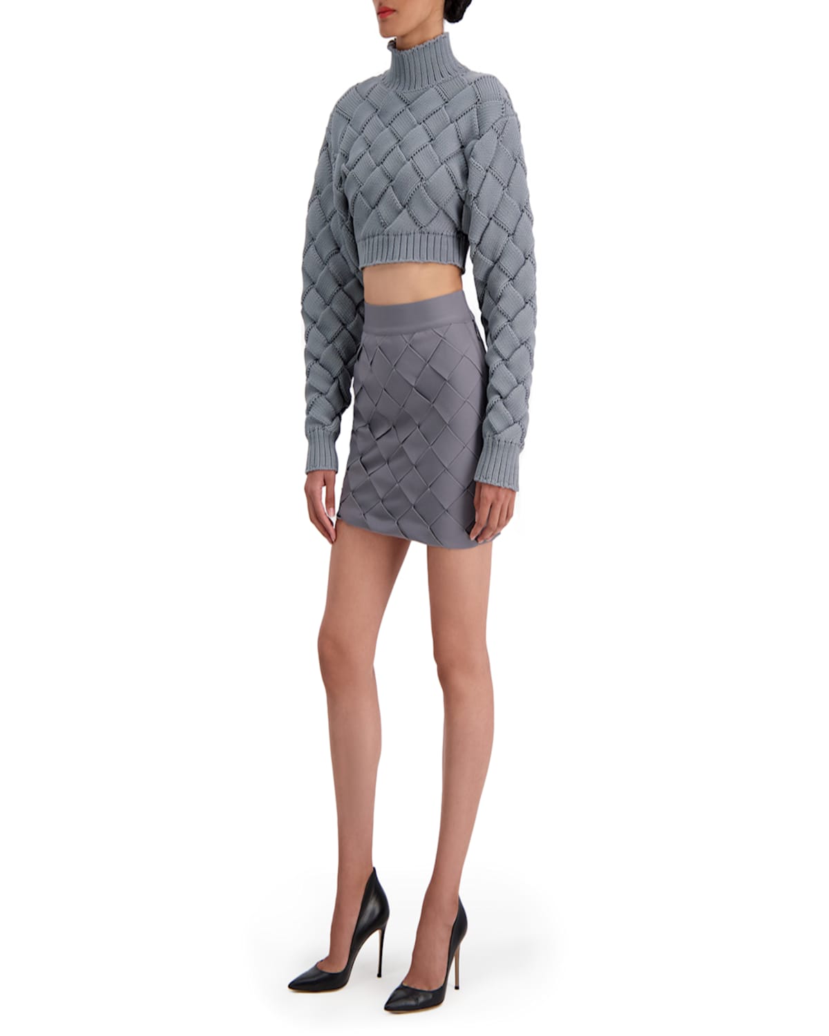 Herve Leger Cropped Cutout Knitted Turtleneck Sweater In Stone